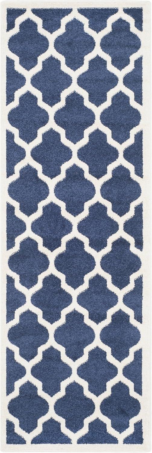 Navy Beige Geometric Reversible Synthetic Runner Rug