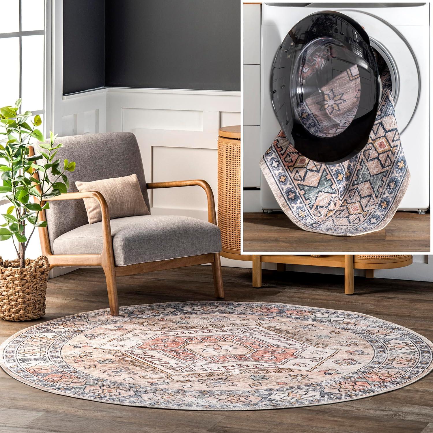 nuLOOM Mae Tribal Motif Machine Washable Peach 6' Modern Round Rug