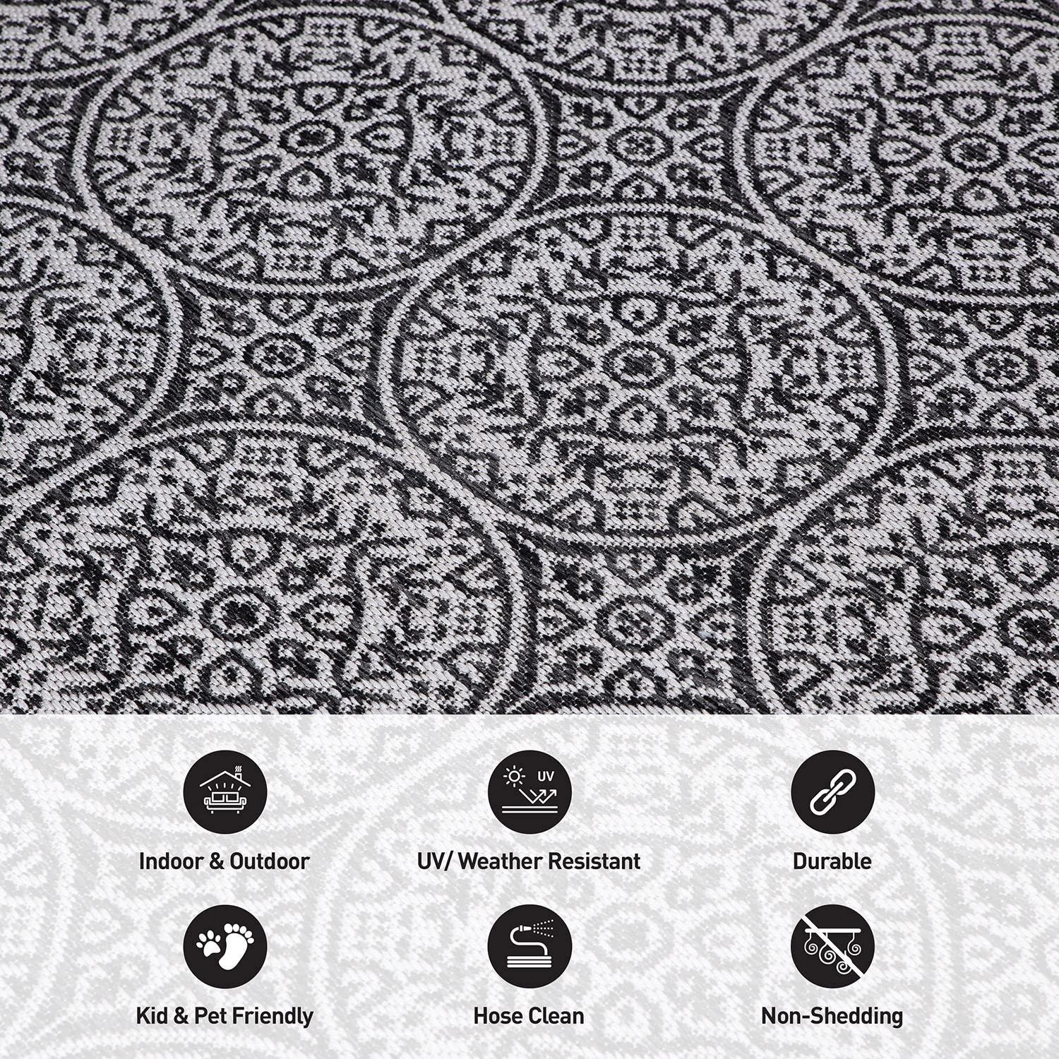 World Rug Gallery Transitional Floral Circles Textured Flat Weave Indoor/Outdoor Area Rug - BLACK 7'10"X10'