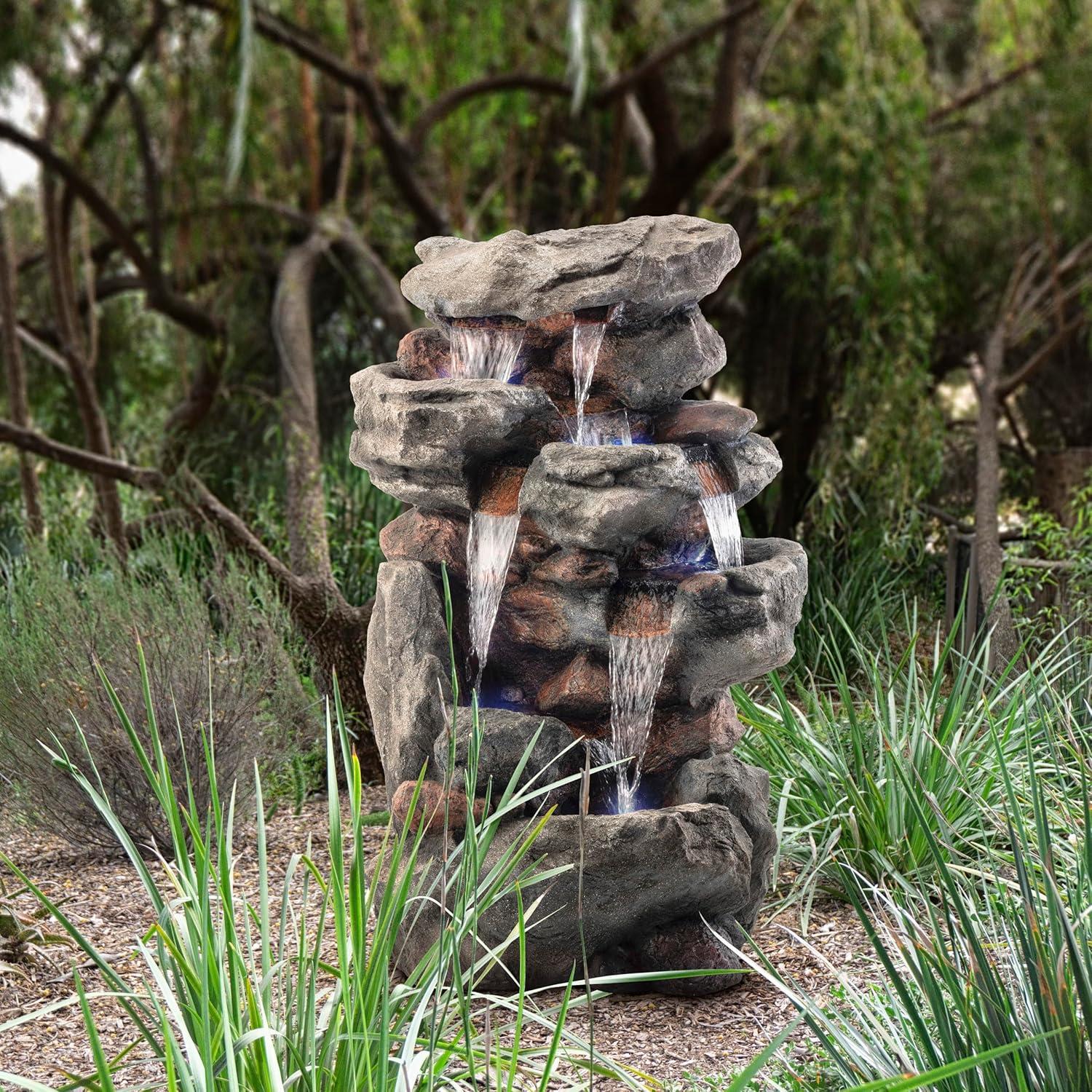 52" Resin Rainforest Rock Tiered Fountain with LED Lights Bronze - Alpine Corporation: Outdoor Garden Decor, Weatherproof