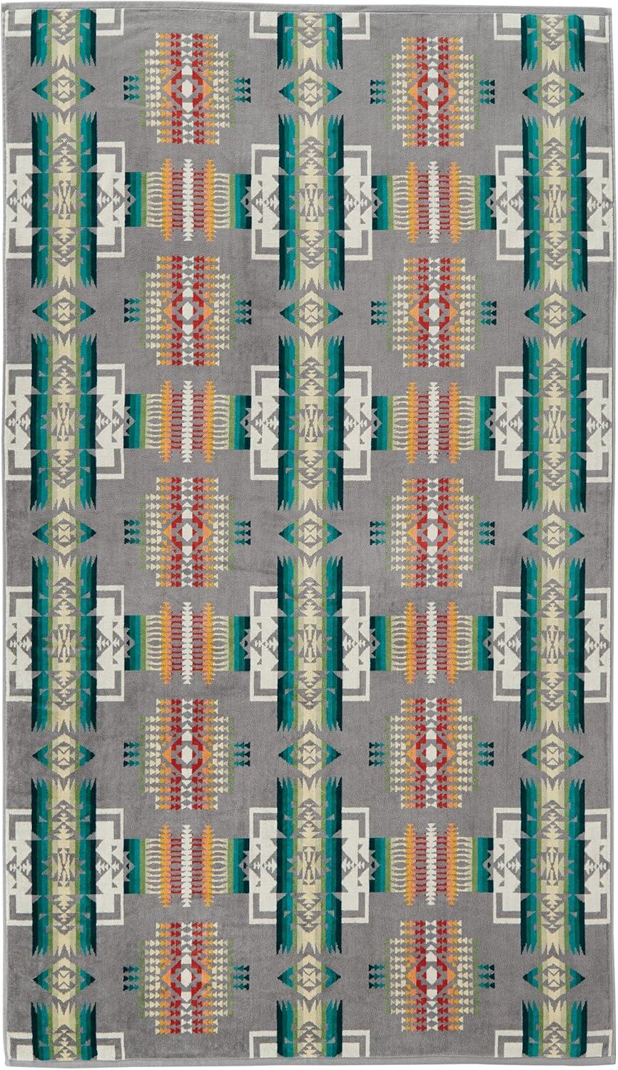 Oversized Gray Cotton Spa Towel with Native American Pattern