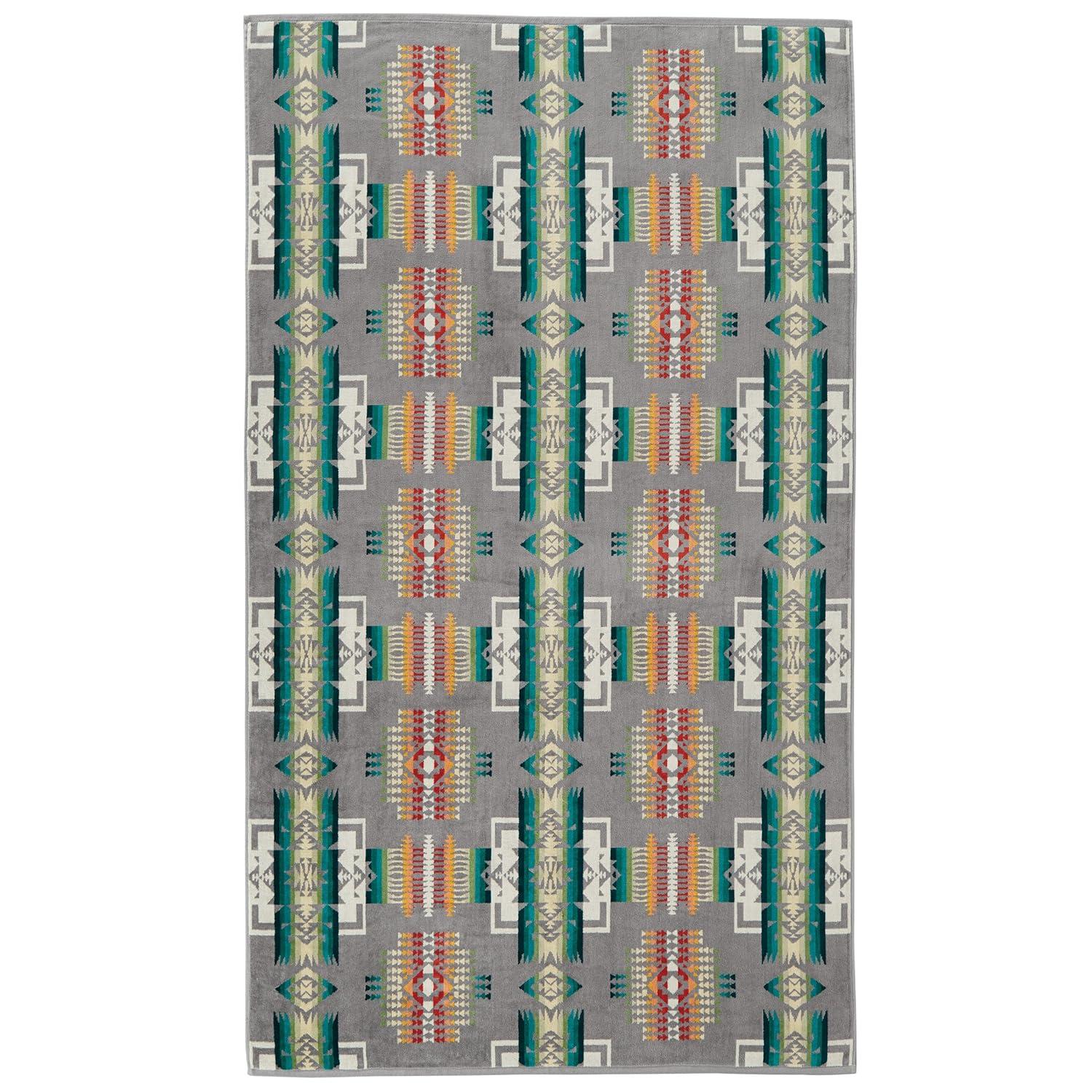 Oversized Gray Cotton Spa Towel with Native American Pattern