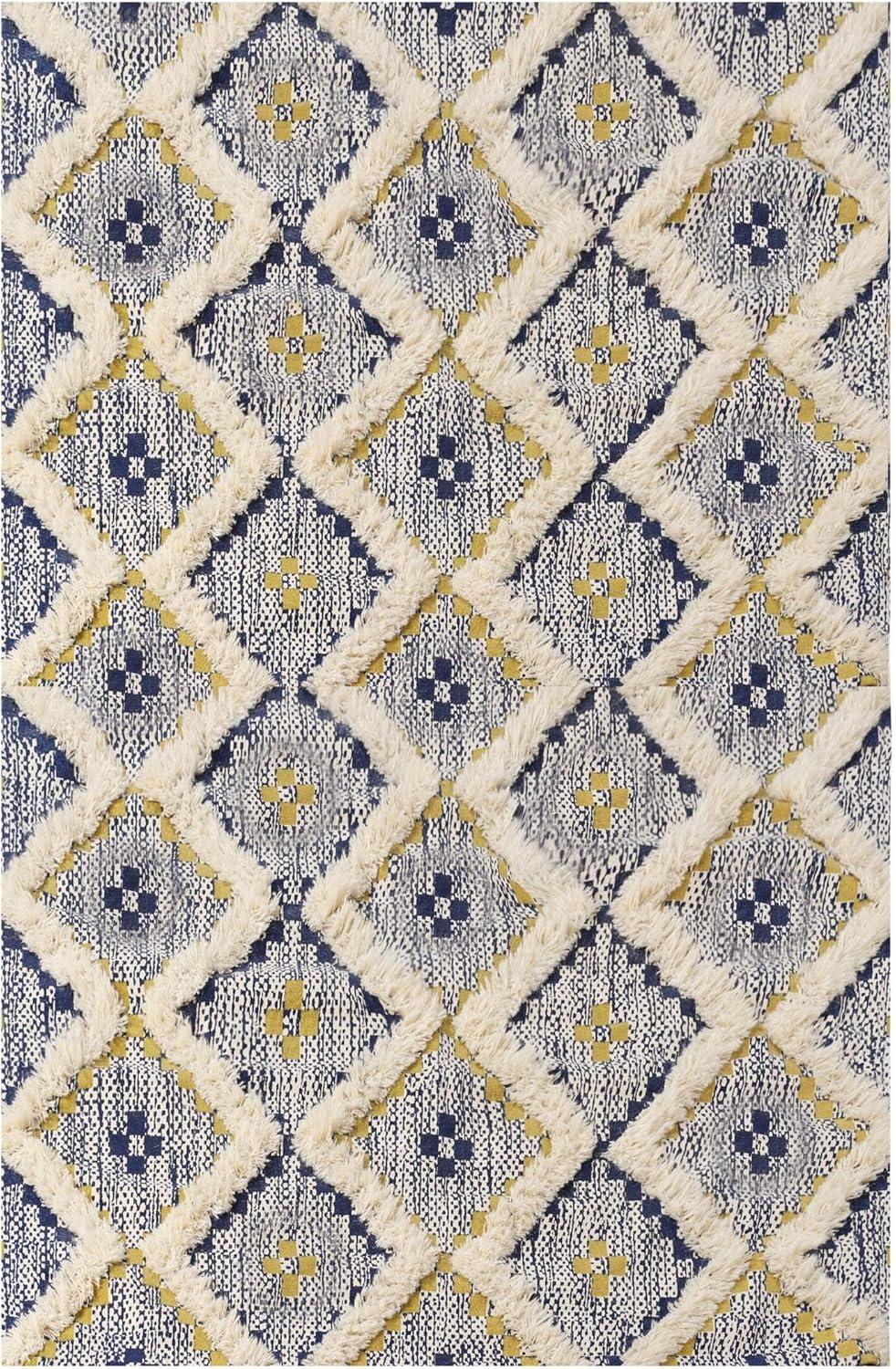 Superior Evren Hand-Tufted Cotton/Wool Textured Geometric Gold/Navy Blue Farmhouse Area Rug, 6' x 9'