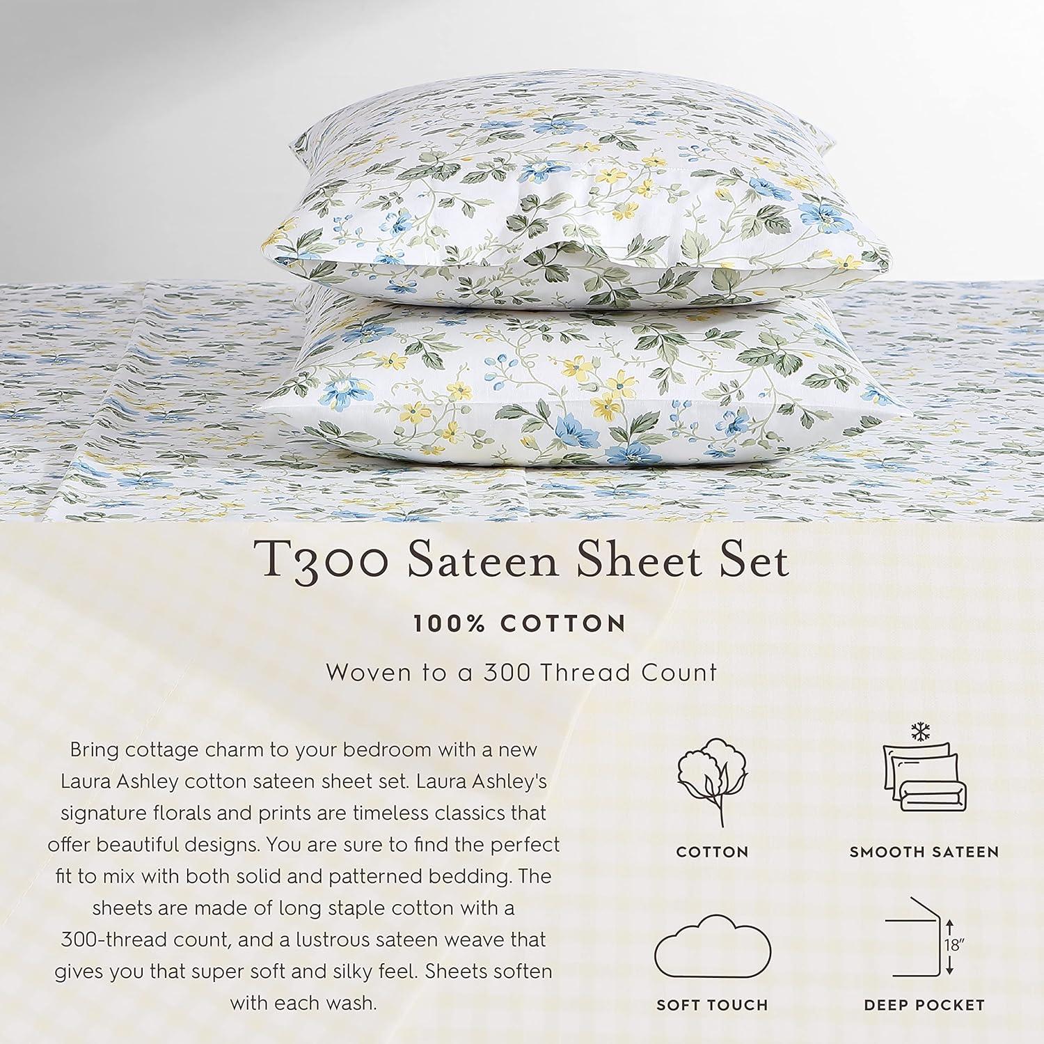 Queen Blue Floral Cotton Sateen Sheet Set