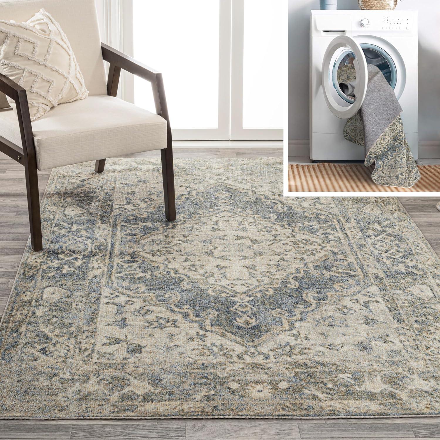 JONATHAN Y Pavel Distressed Medallion Low-Pile Machine-Washable Blue/Cream 4 ft. x 6 ft. Area Rug