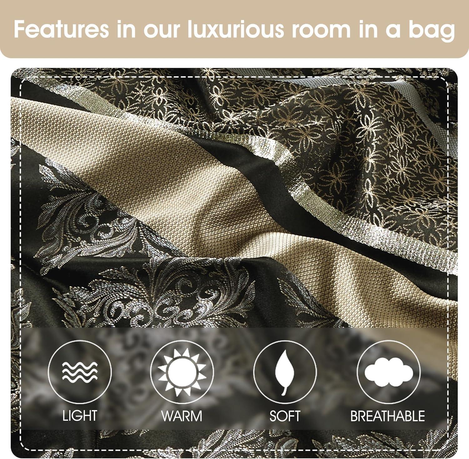 Nanshing Markus 9 Piece Traditional Damask Comforter Set, Black Gold, Queen