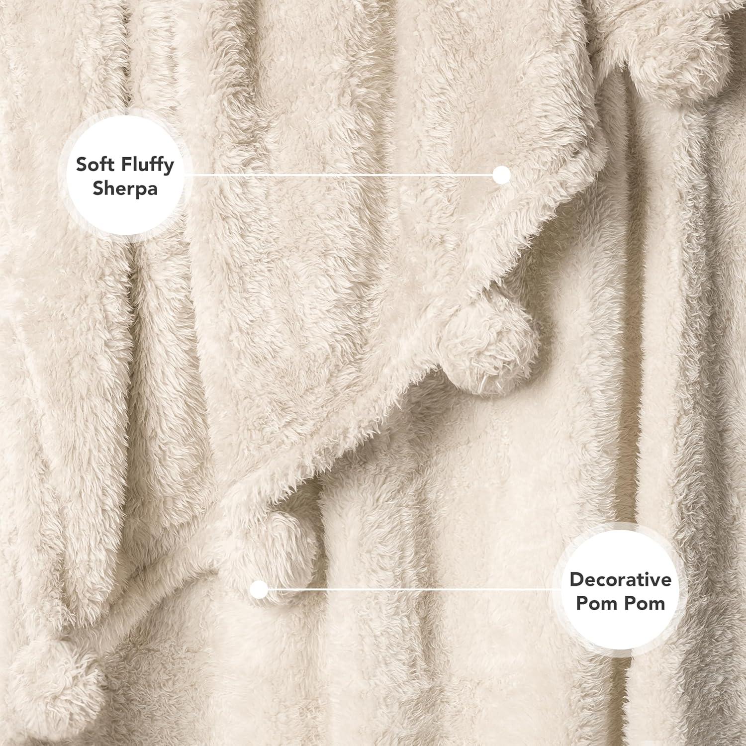 Ivory Cream Sherpa Fleece Throw Blanket with Pom Poms