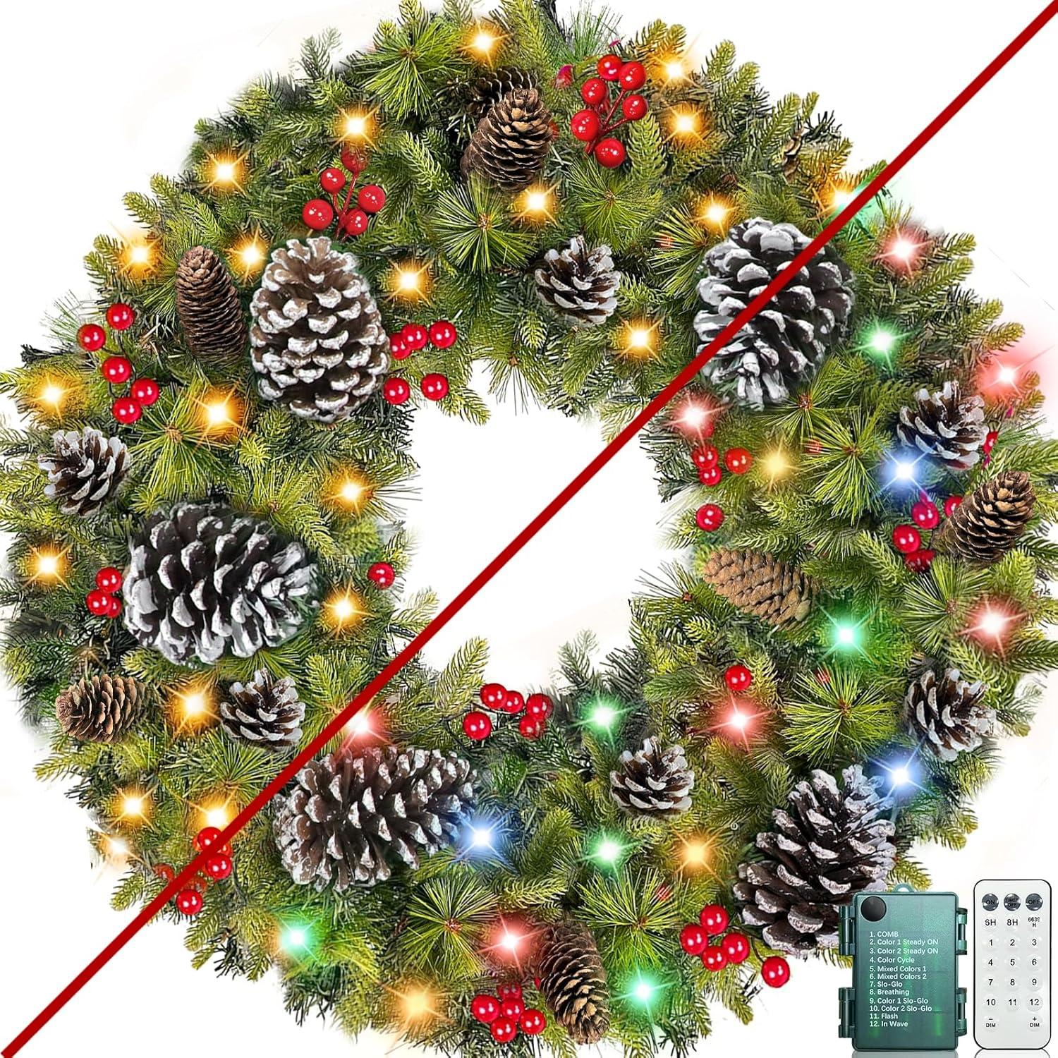 30" Green Pre-Lit Christmas Wreath with Red Ribbon and Pinecones