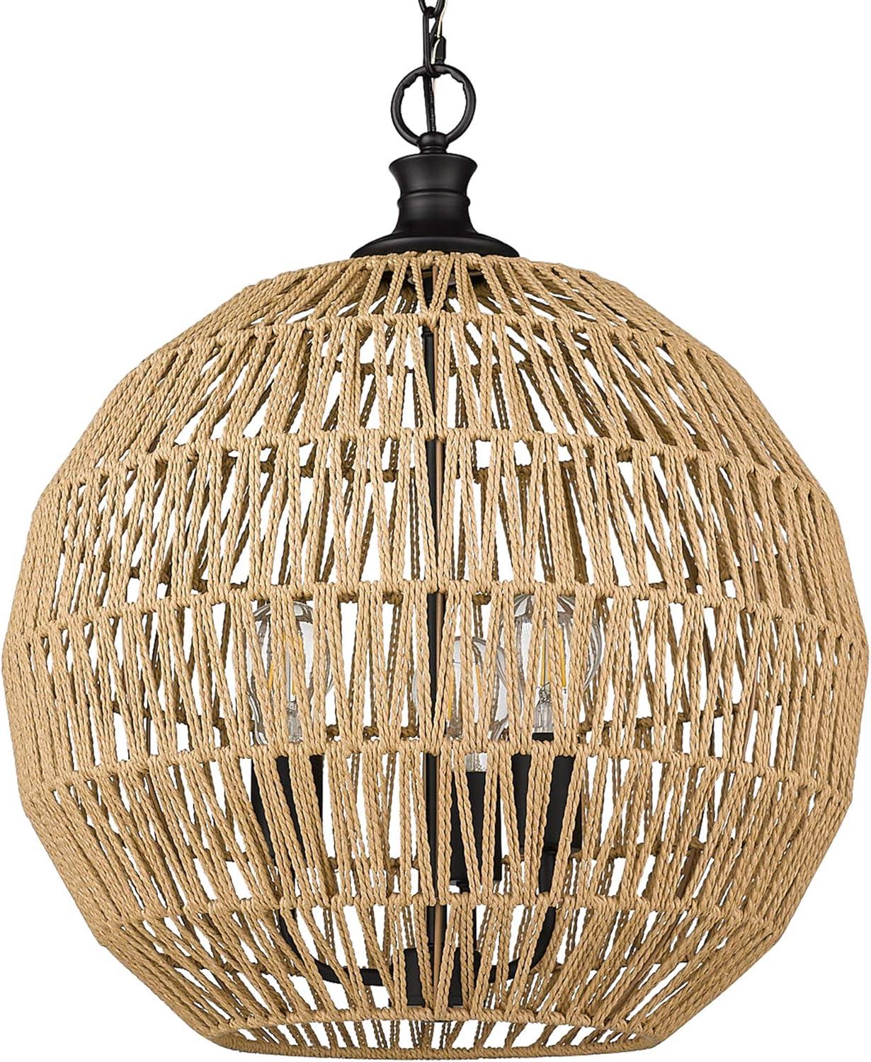Golden Lighting Florence 3-Light Pendant in Matte Black with Natural Raphia Rope
