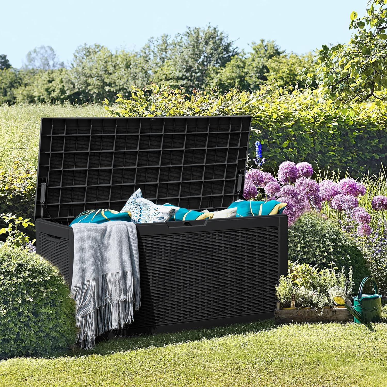 Black Resin Wicker Lockable 100 Gallon Deck Box