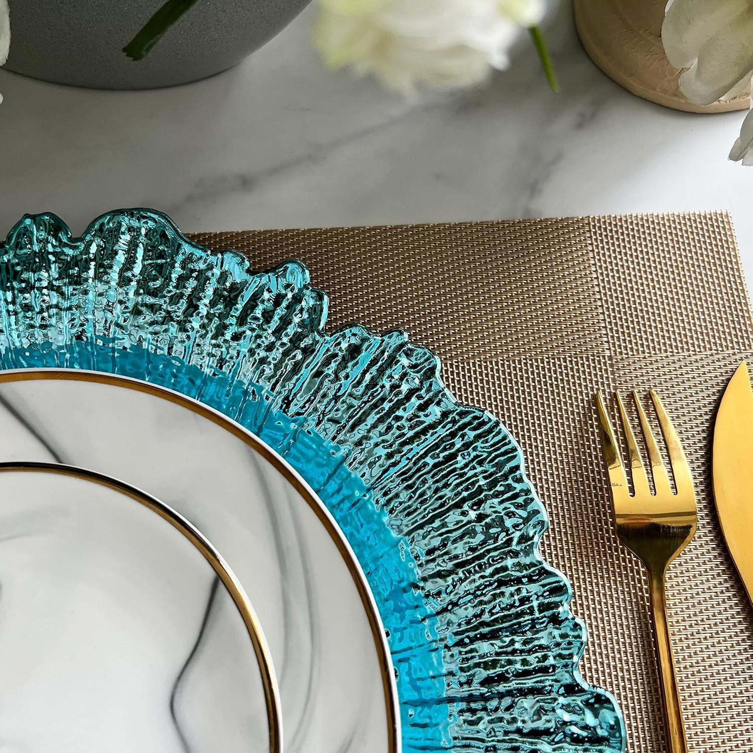 13 Inch Light Blue Charger Plates, Round Plastic Reef Plate Chargers for Dinner Plates, Wedding, Party Elegant Decoration Place Mats (24, Light Blue)