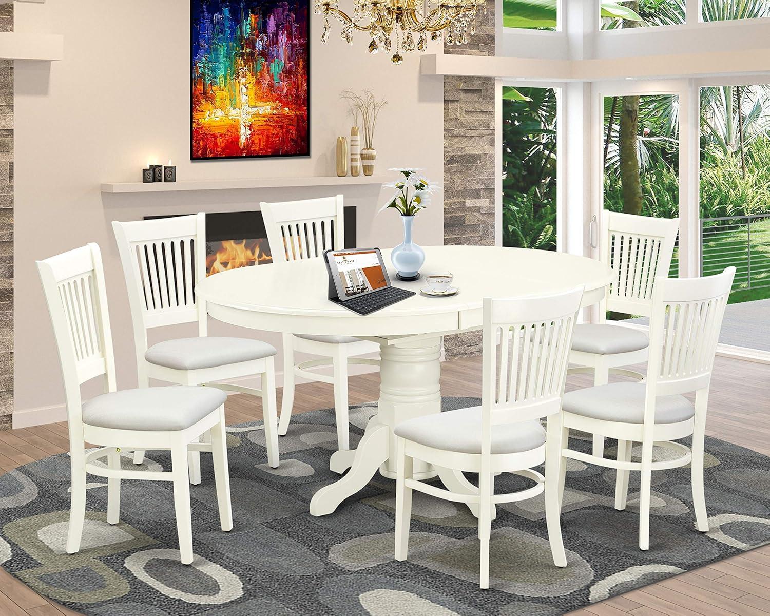 East West Furniture Avon 7-piece Wood Table and Dining Chairs in Linen White