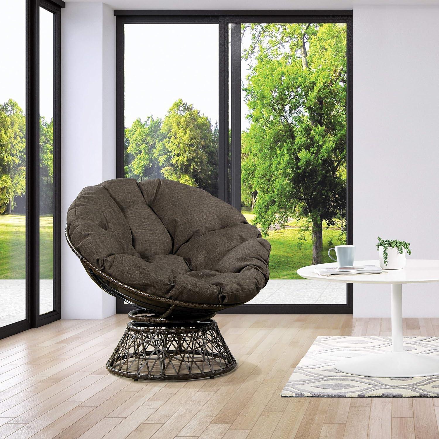 OSP Home Furnishings Papasan Chair Brown: Upholstered, Swivel, Reading & Dorm Saucer Chair with Cushion