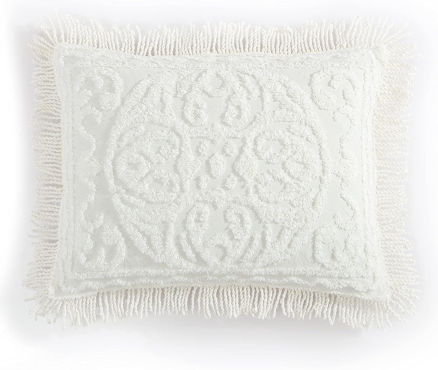 Ivory Cotton Medallion Chenille Standard Sham with Fringe