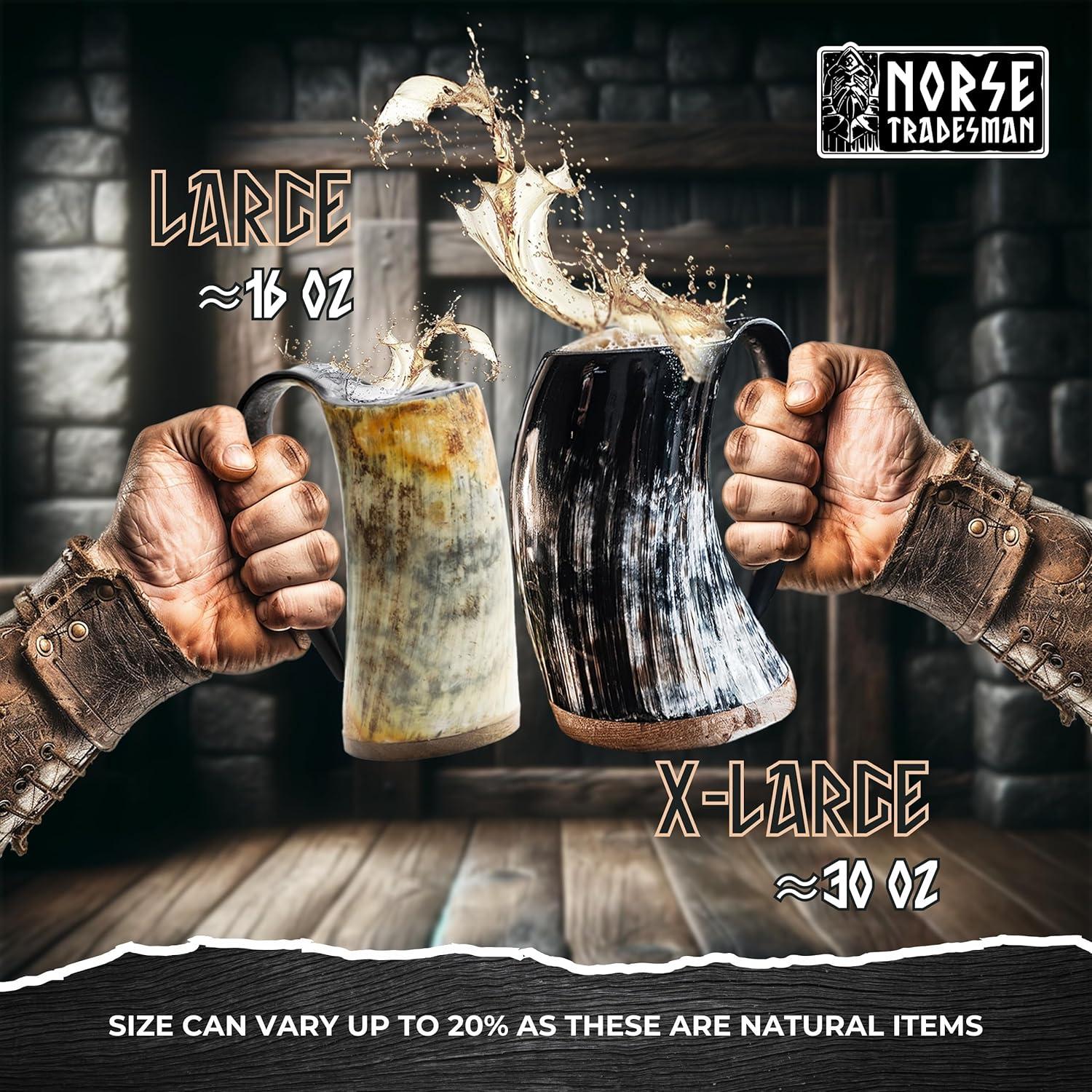 Norse Tradesman Genuine LG Viking Drinking Horn Mug - 100% Authentic Beer Horn Tankard With Hardwood Bottom & Ring Engravings | "The Eternal", Unpolished, approx. 16 oz