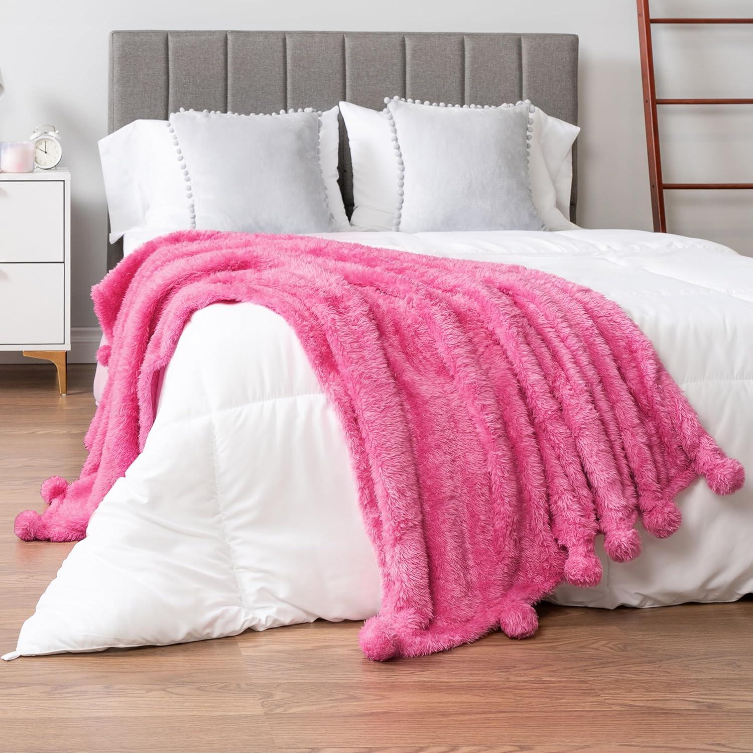 PAVILIA Fluffy Throw Blanket with Pompom, Lightweight Soft Plush Cozy Warm Pom Pom Fringe for Couch Sofa Bed