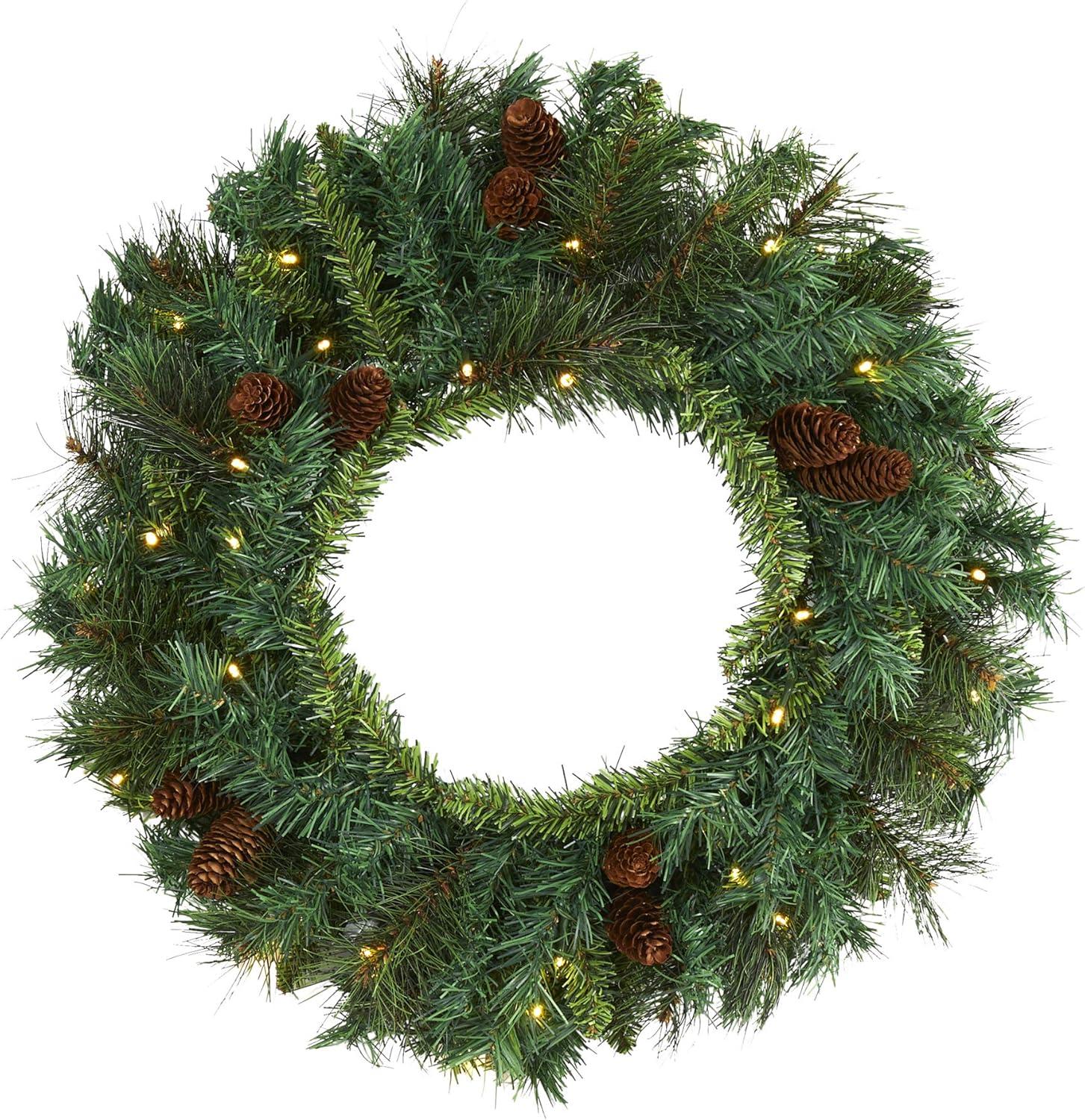 Nearly Natural 20” Mixed Pine and Pinecone Artificial Christmas Wreath with 35 Clear LED Lights