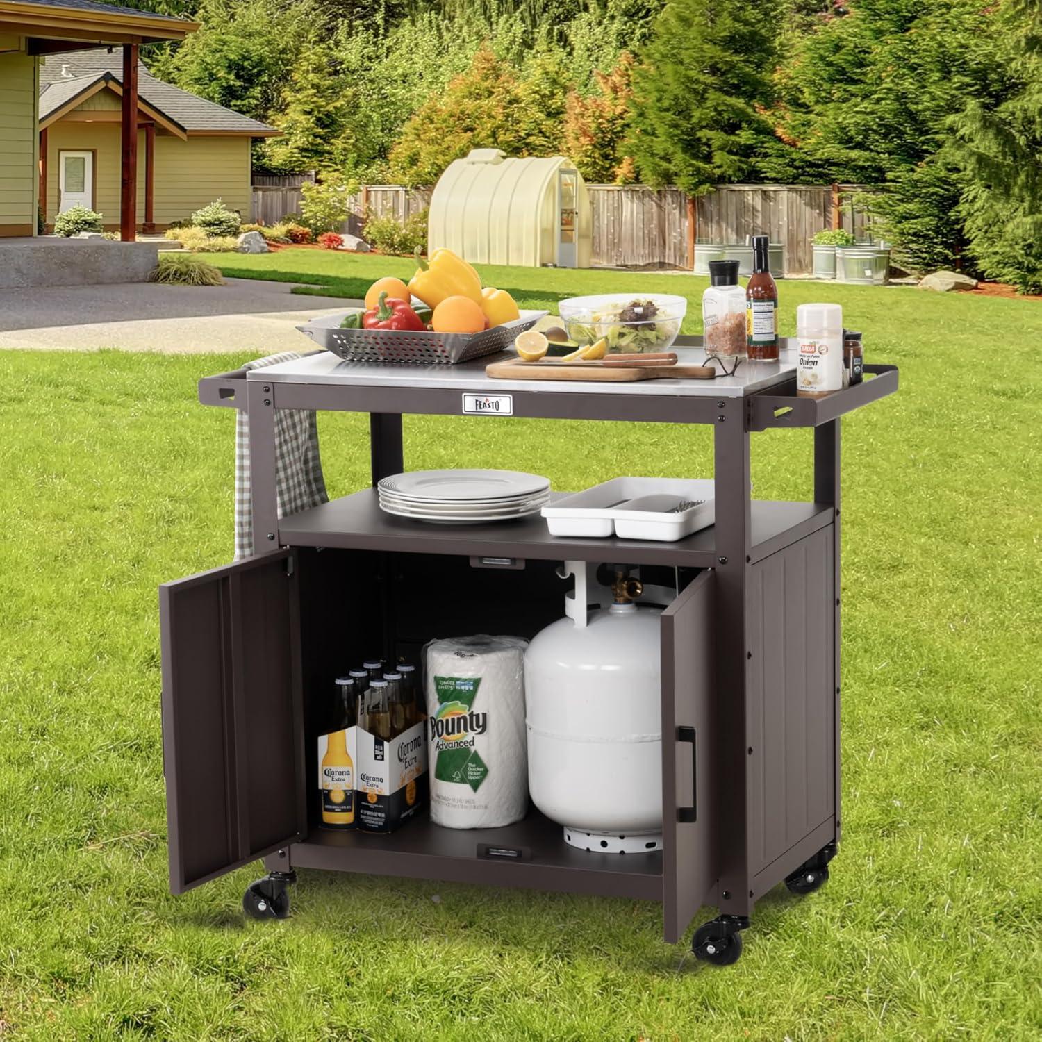 Feasto Feasto Outdoor Grill Cart with Stainless Steel Tabletop and Storage Cabinet, Movable Kitchen Island with Wheels for BBQ Food Prep