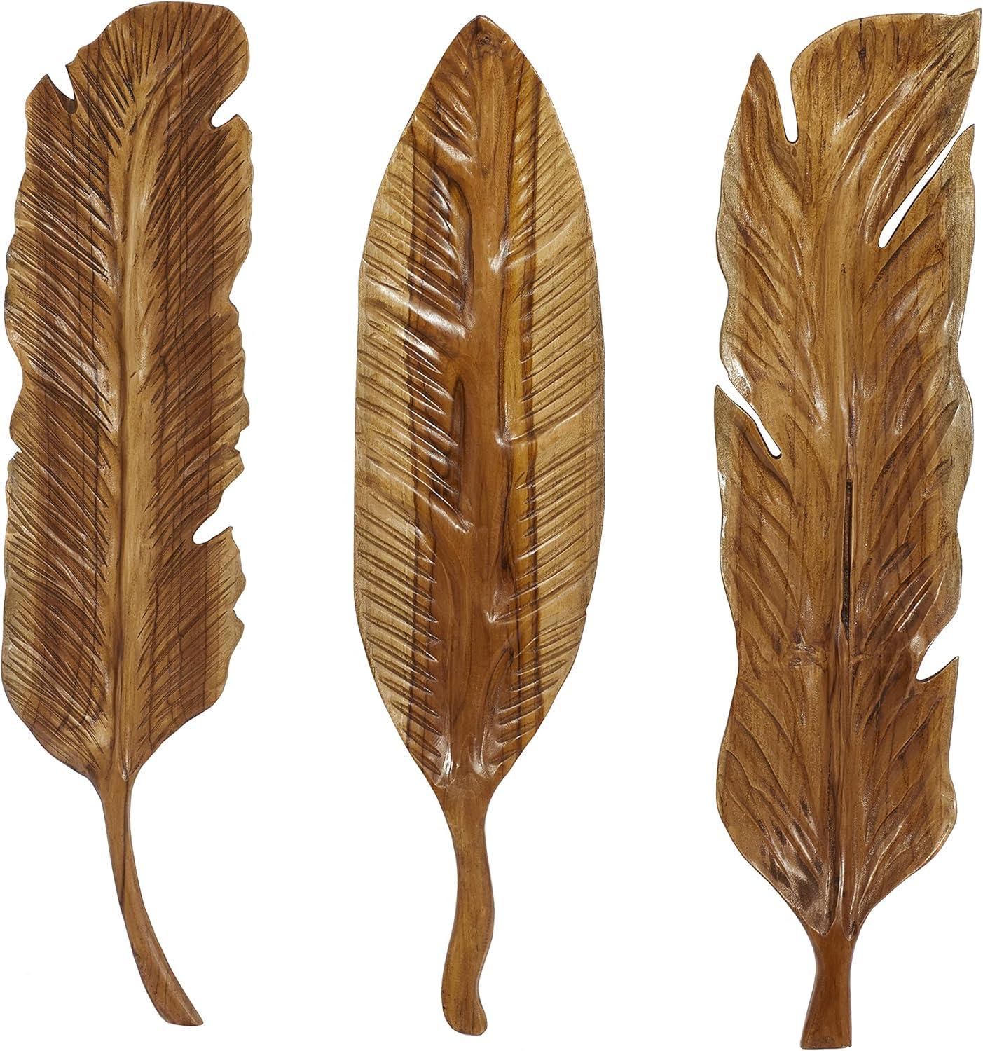 DecMode Brown Teak Wood Handmade Carved Feather Bird Wall Decor (3 Count)