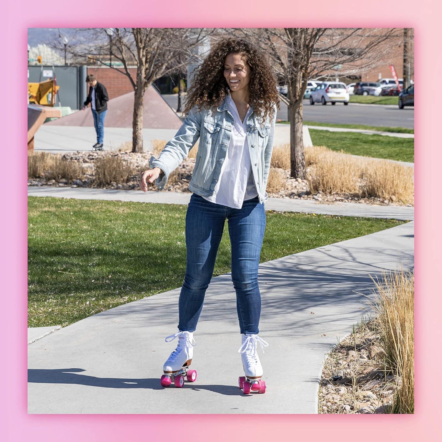 White Leather Quad Roller Skates with Pink Polyurethane Wheels