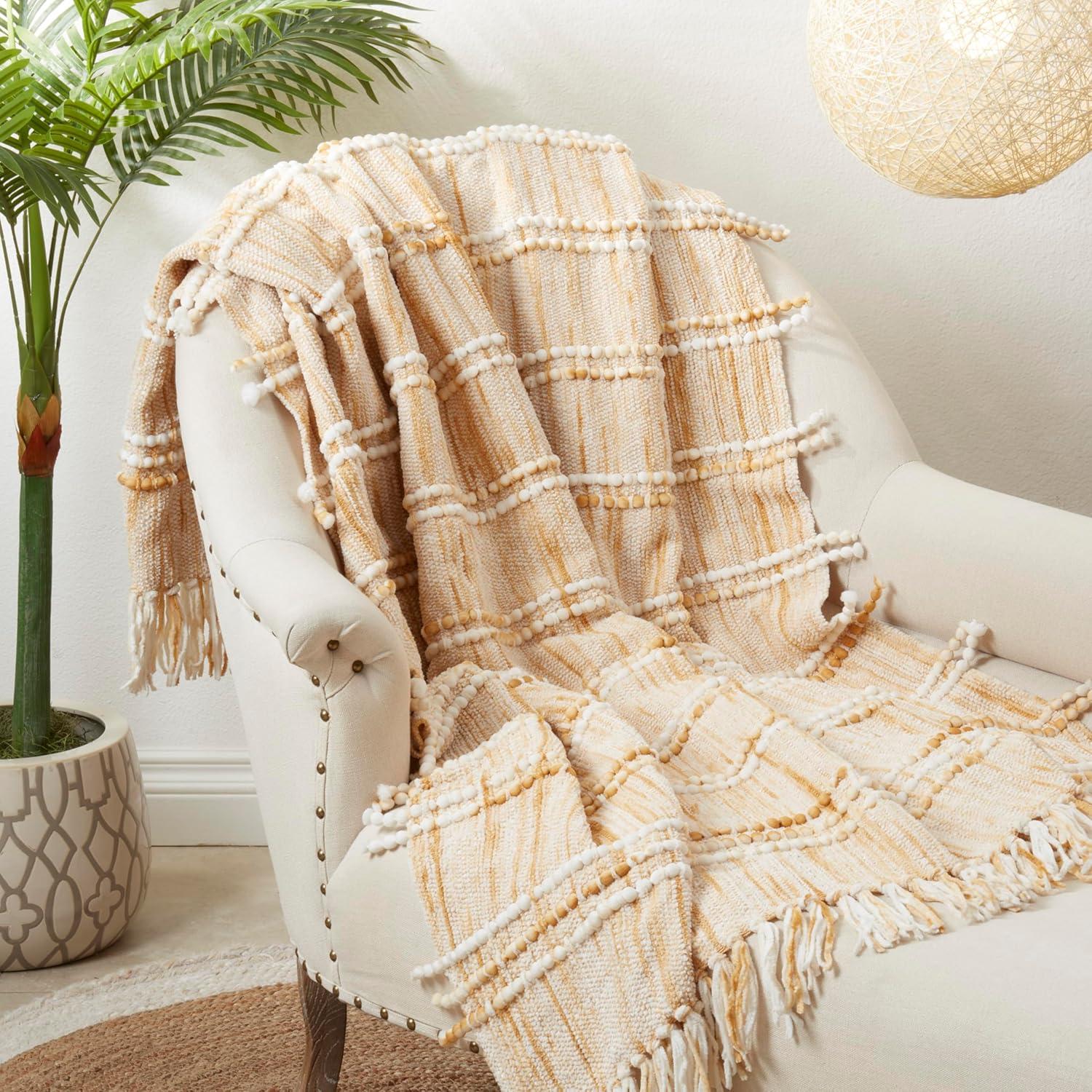 Rustic Gold and White Fringed Chenille Cotton Throw Blanket