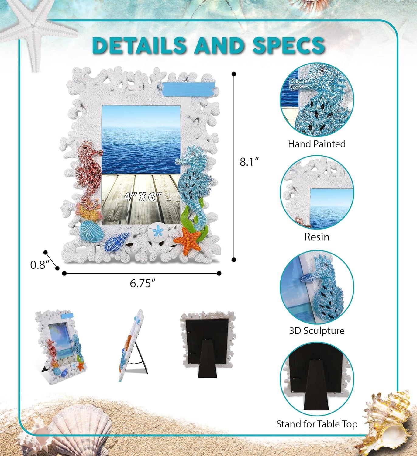 CoTa Global White Coral Seahorse 4x6 Nautical Frame - White Coral Photo Frame for Summer Vacation Memory, Handmade Tropical White Coral Reef Nautical Picture Frame For Tabletop or Wall Hang - 8 Inches