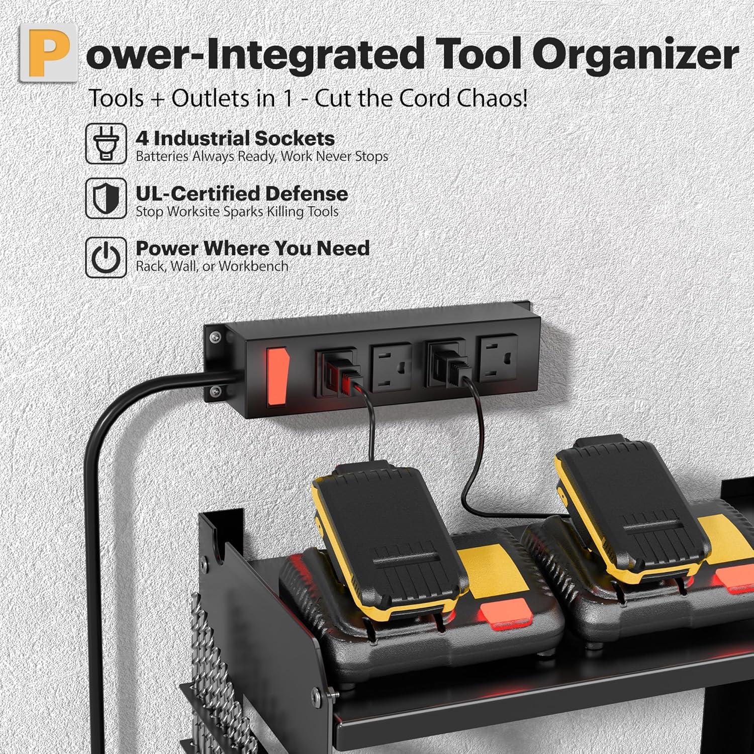 Spampur Power Tool Organizer Wall Mount with Charging Station, Garage Tool Shelf 6 Drill Holders, Tool Battery Holder with Plier holder Heavy Duty Rack, Tool Storage Rack with 4 Outlet Power Strip