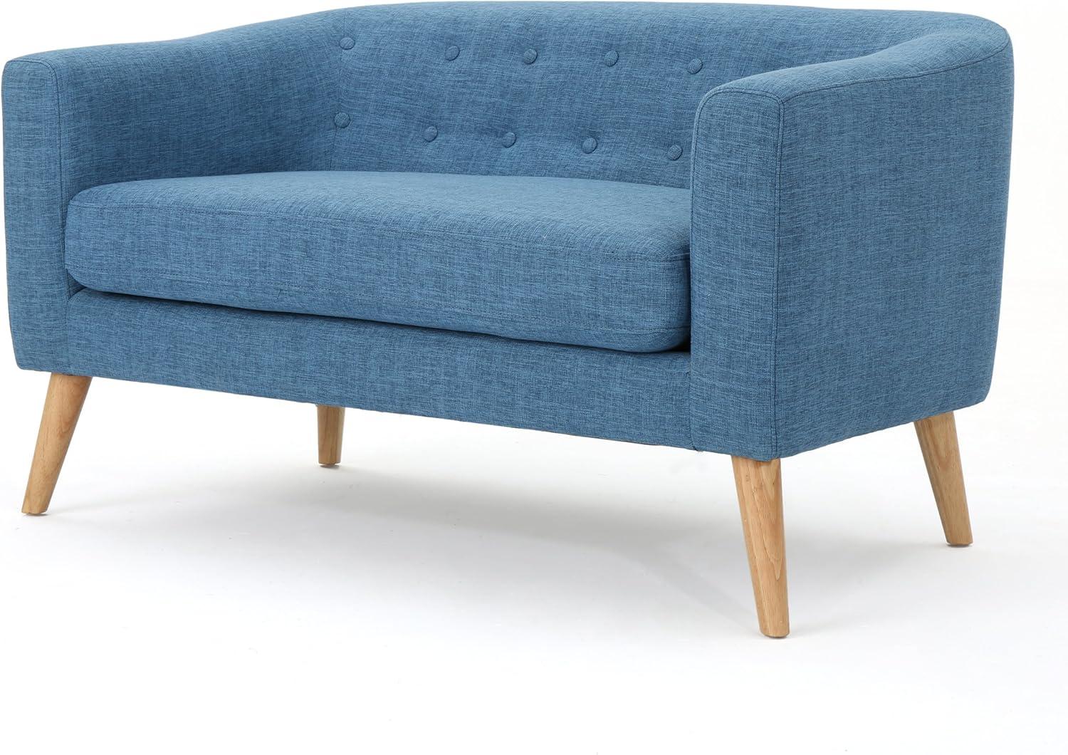 Muted Blue Tufted Fabric Loveseat with Rubberwood Legs