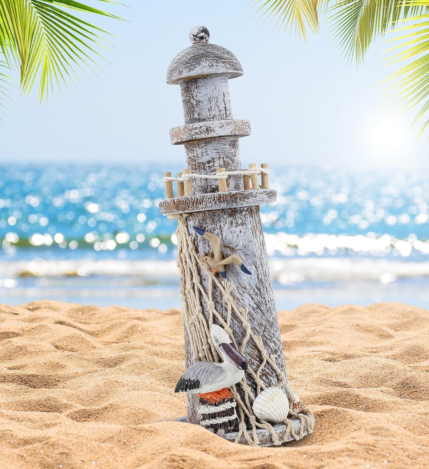 CoTa Global Brown Wooden Lighthouse Decor - Handmade and Crafted Wooden Lighthouse Decoration with Pelican and Fishing Net, Beach Style Tabletop Home Decor - Handmade Color May Vary - 8.75 Inches