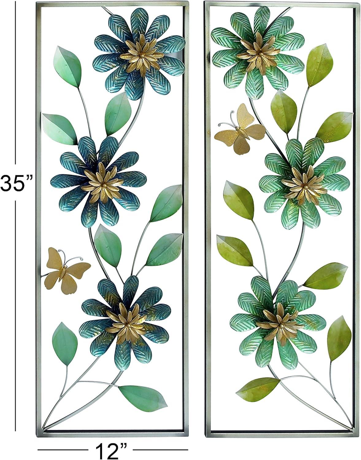 Green/Blue Metal Floral Wall Decor with Gold Frame 12"W, 35"H