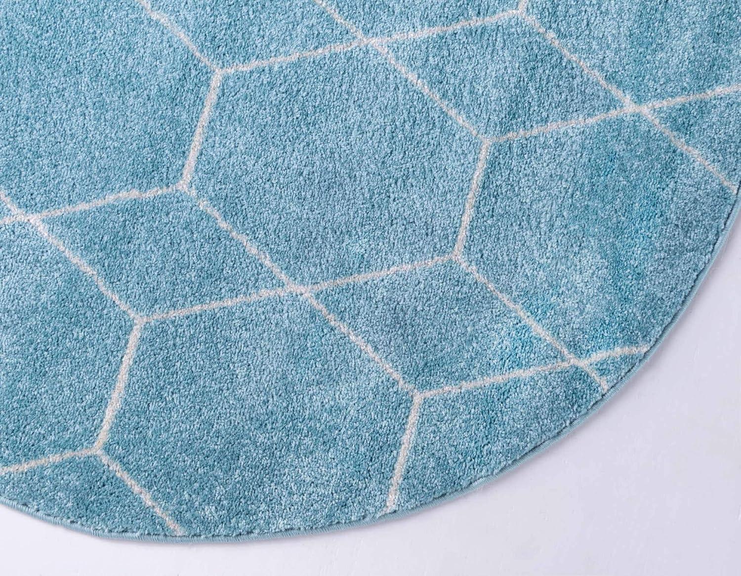 Light Blue Round Synthetic Trellis Easy Care Rug