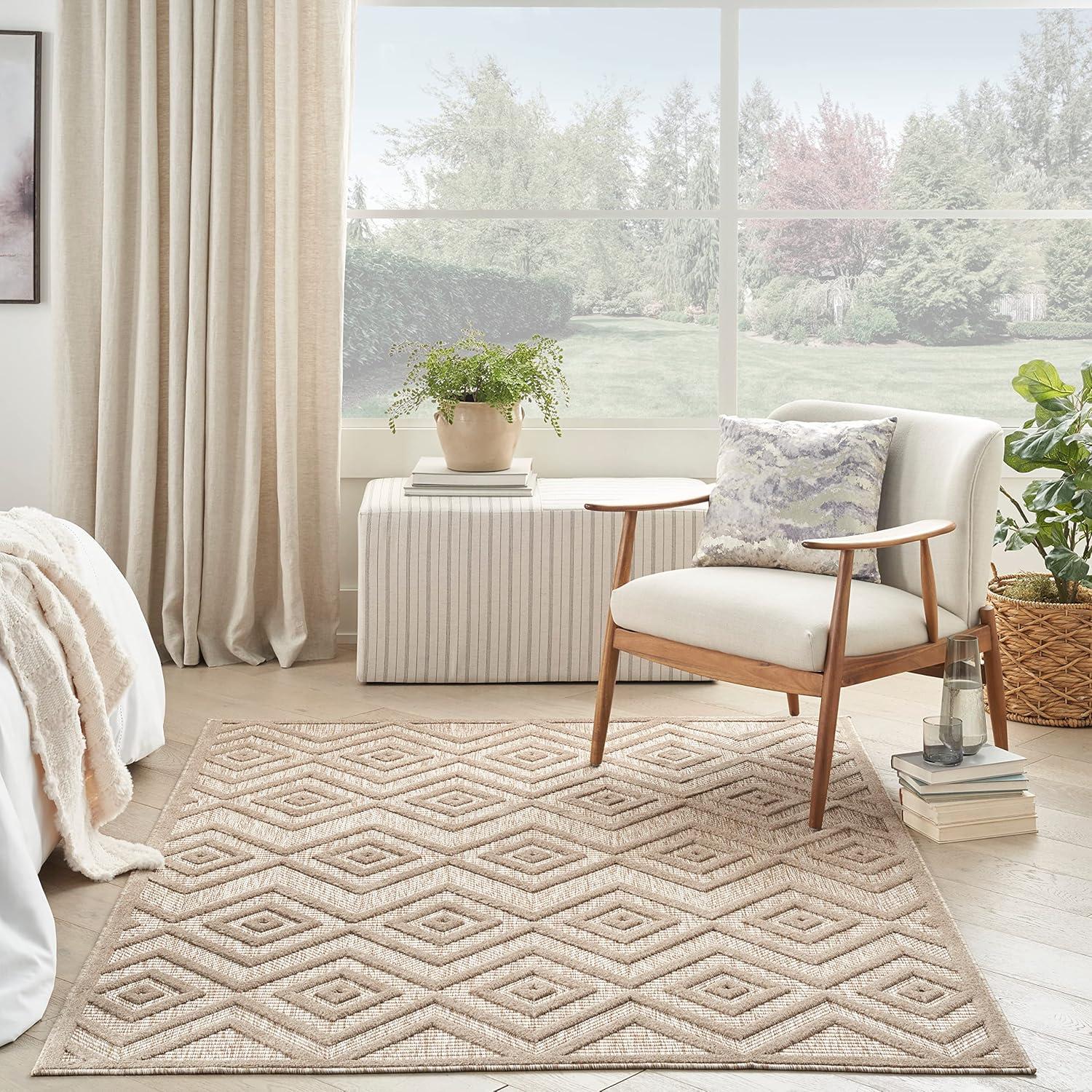 Nourison Versatile Diamond Geometric Flatweave Indoor Outdoor Area Rug Natural Beige 5' x 7'