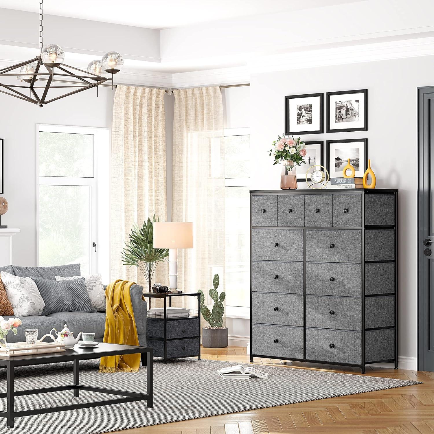 Gray Fabric and Metal 12-Drawer Tall Dresser with Levelers