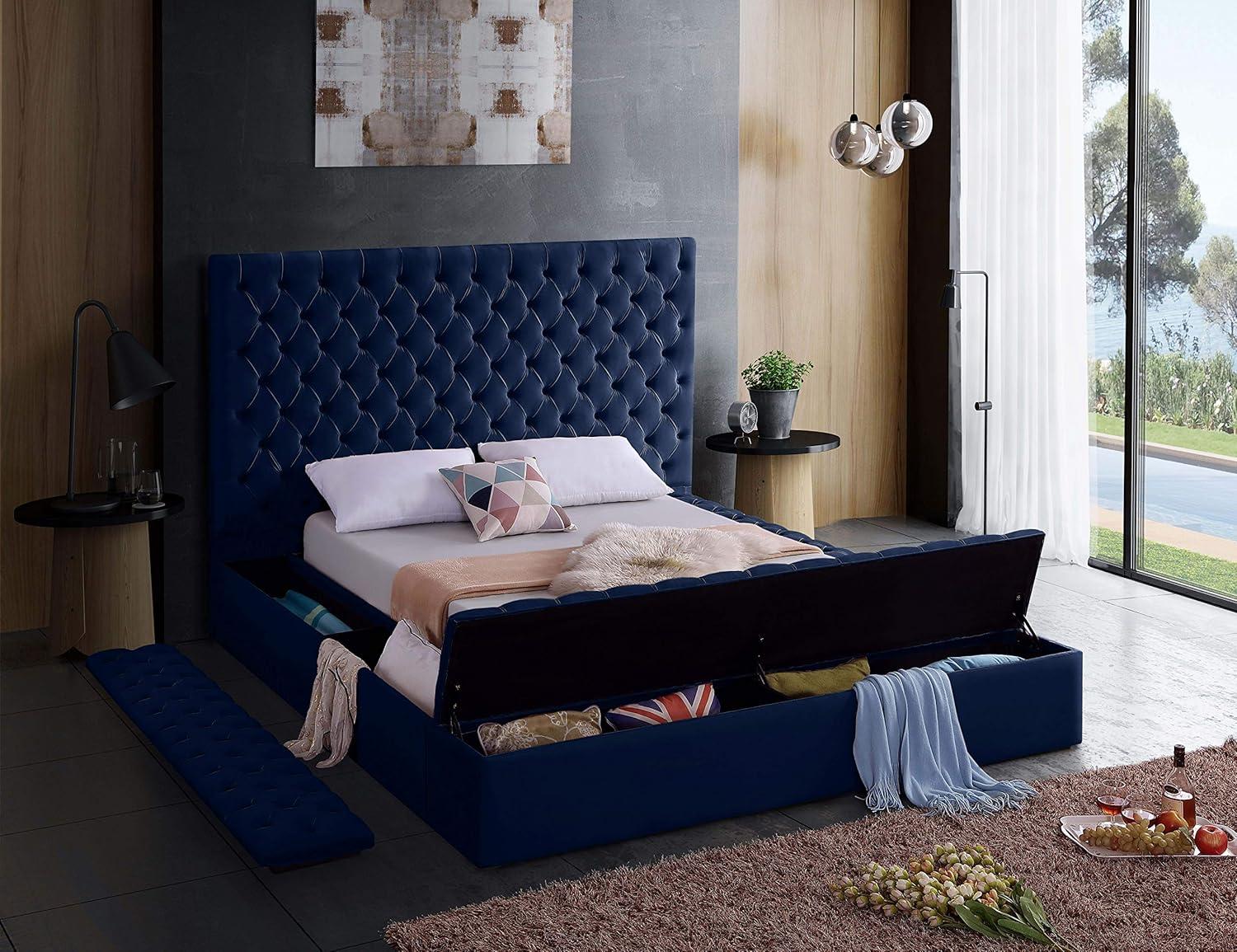 Bliss Navy Velvet King Bed (3 Boxes)-Color:Navy Velvet,Style:Contemporary