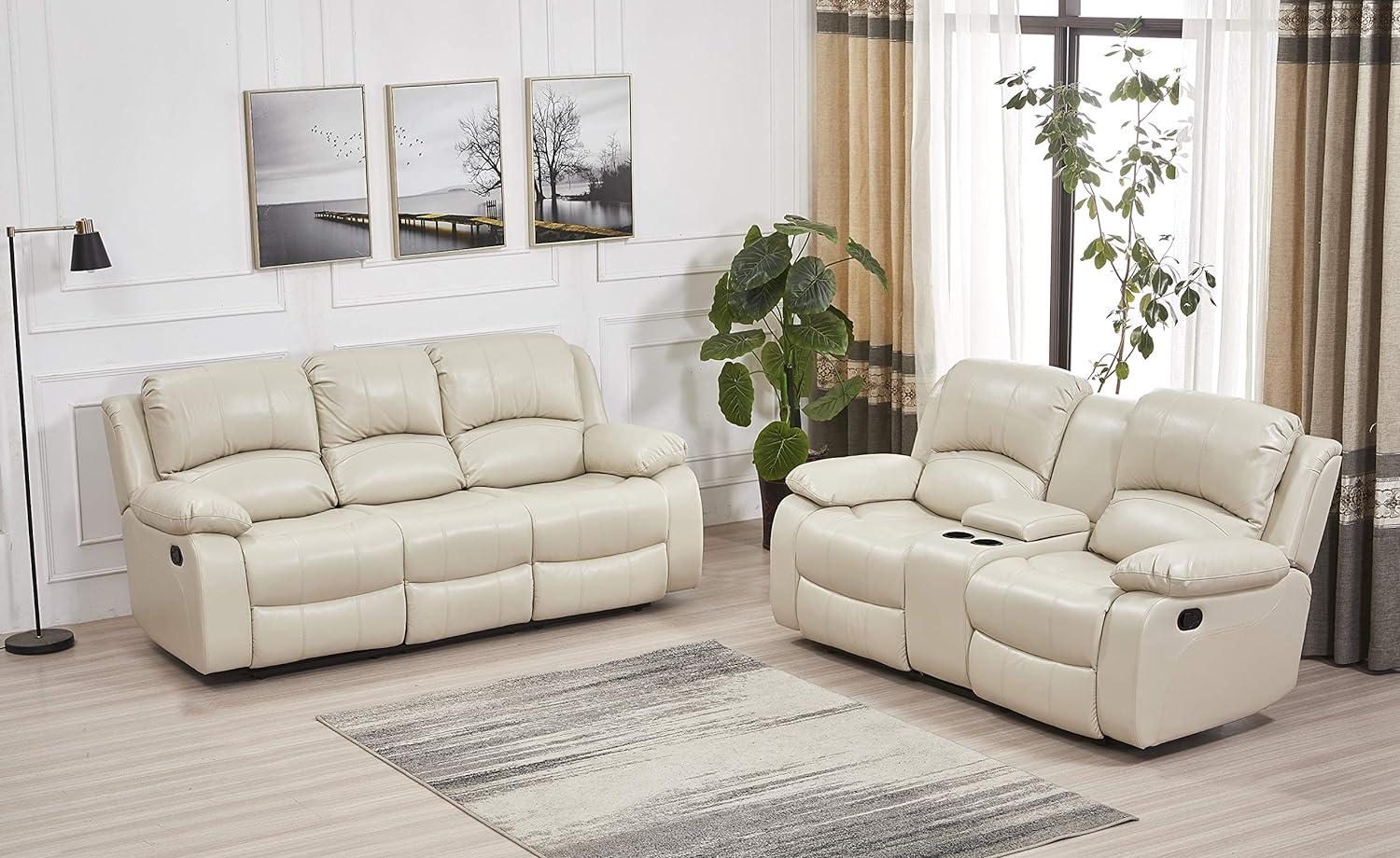 Beige Bonded Leather Reclining Sofa and Loveseat Set