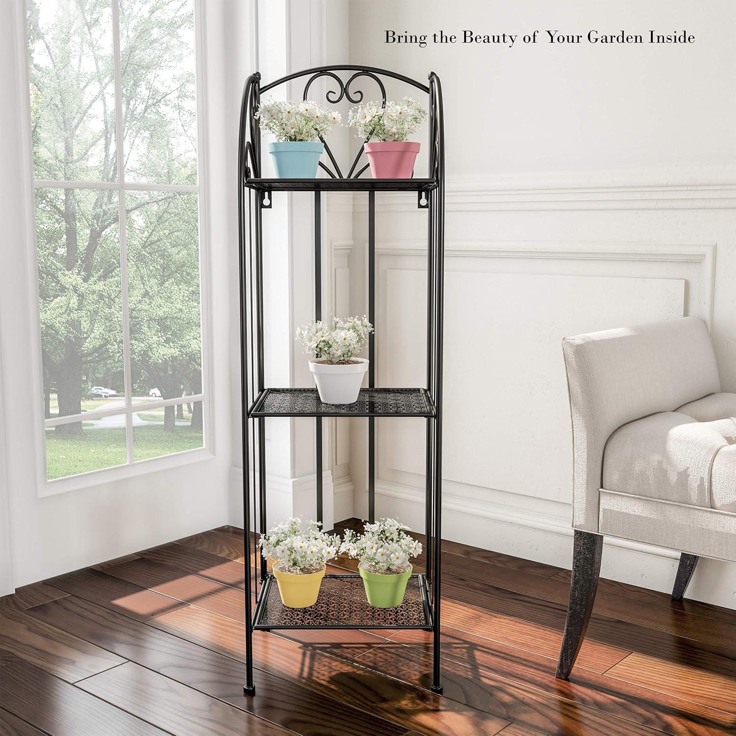 Black Wrought Iron 3-Tier Folding Plant Stand