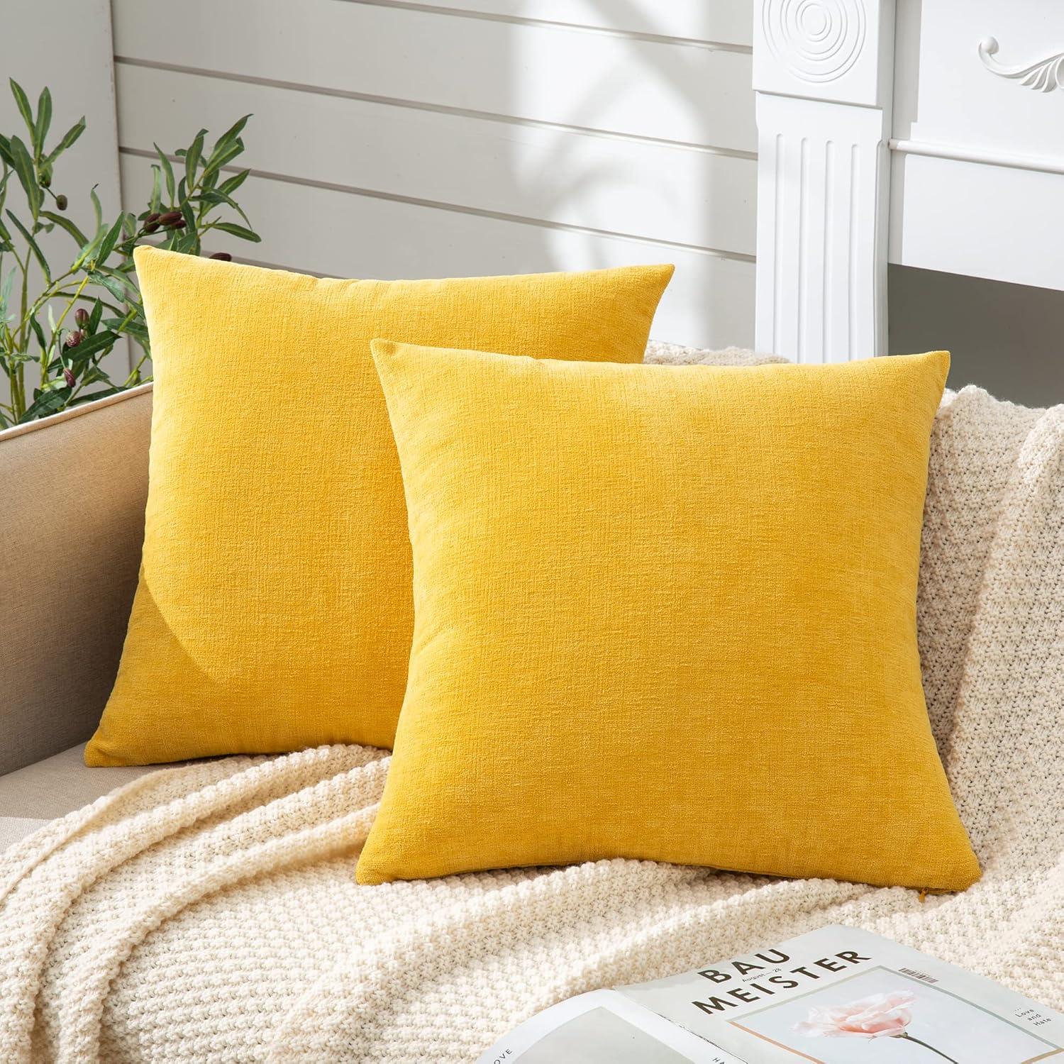 Yellow 20" Square Chenille Pillow Covers with Piped Edges