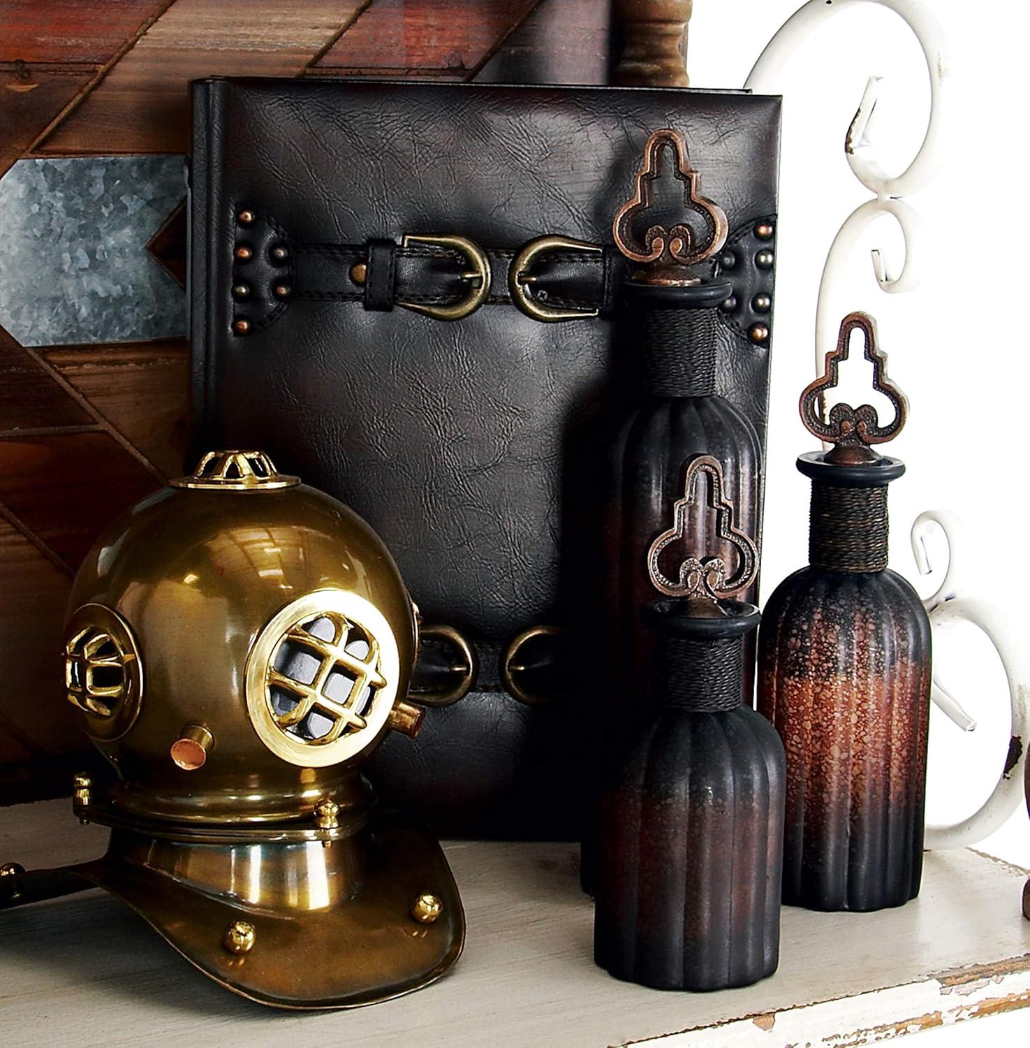 DecMode Vintage Faux Book Storage Dark Brown Faux Leather Decorative Box with Gold Buckle Accents, 3 Count