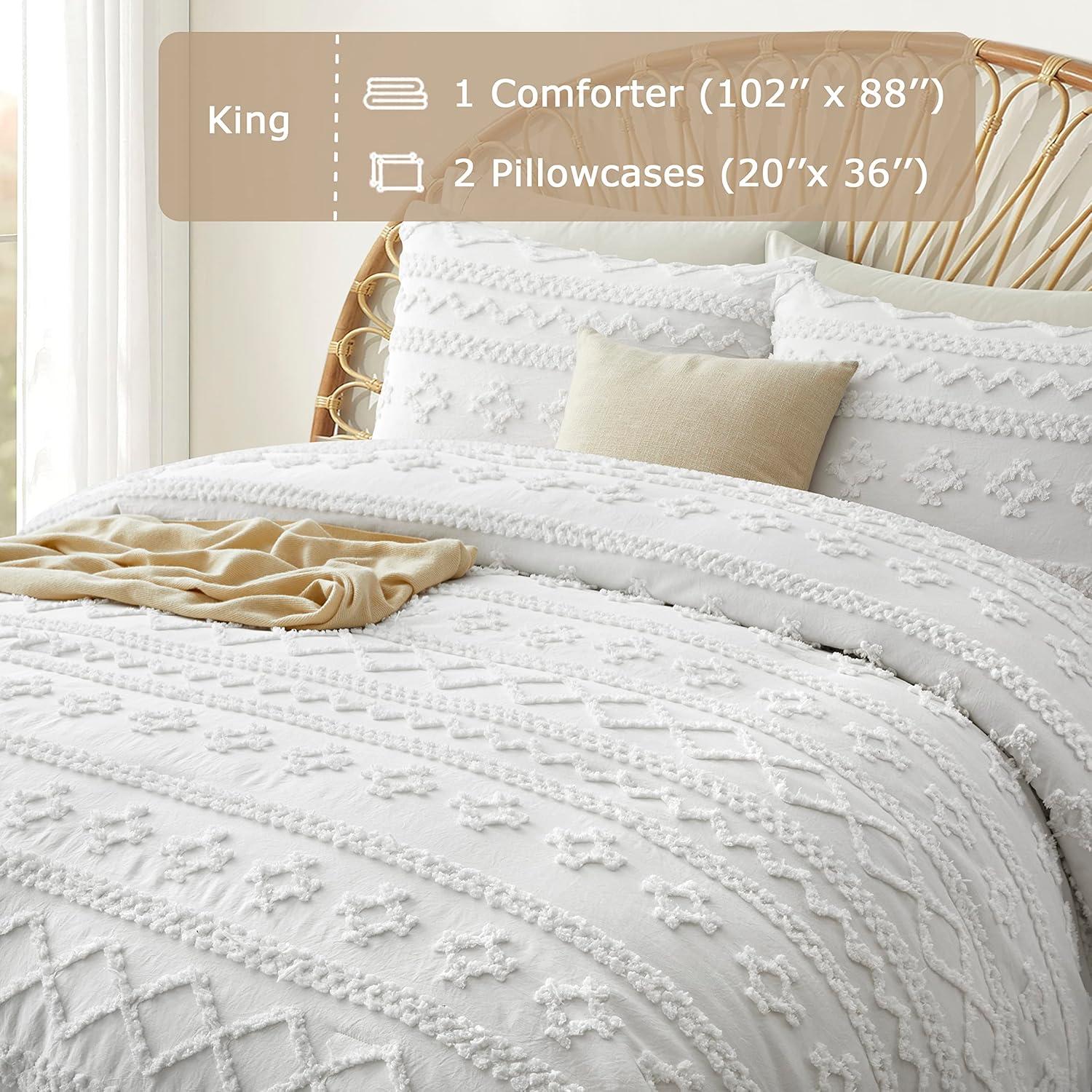 White King Comforter Set Tufted Bedding Sets King 3 Pieces, Boho Shabby Chic Comforter with 2 Pillowcases (White,King)