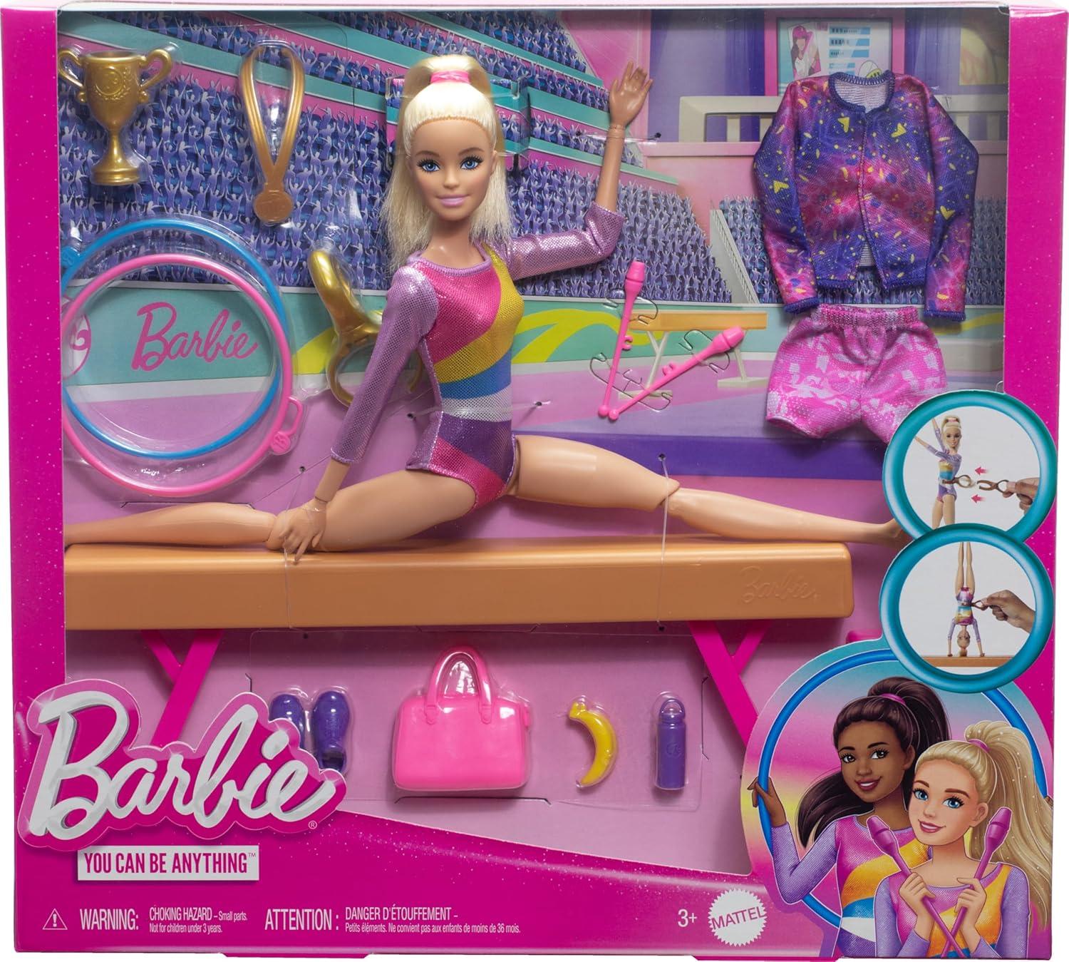 Barbie Gymnastics Playset with Blonde Fashion Doll, Balance Beam, 10+ Accessories & Flip Feature with Blonde Hair