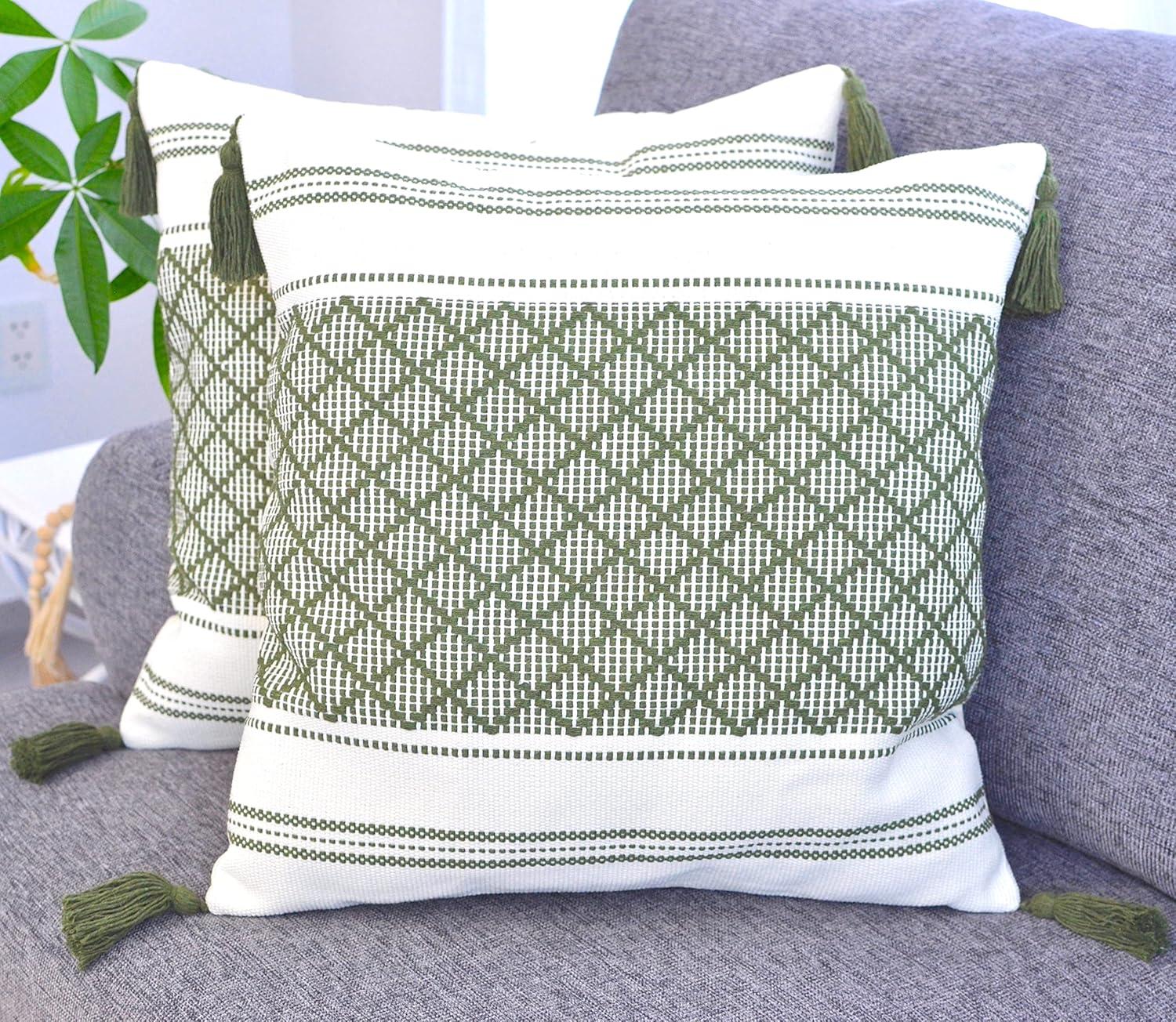 Woven Pillow Covers With Tassels, Geometric Pattern Pillowcases For Outdoor / Indoor (Set of 2)