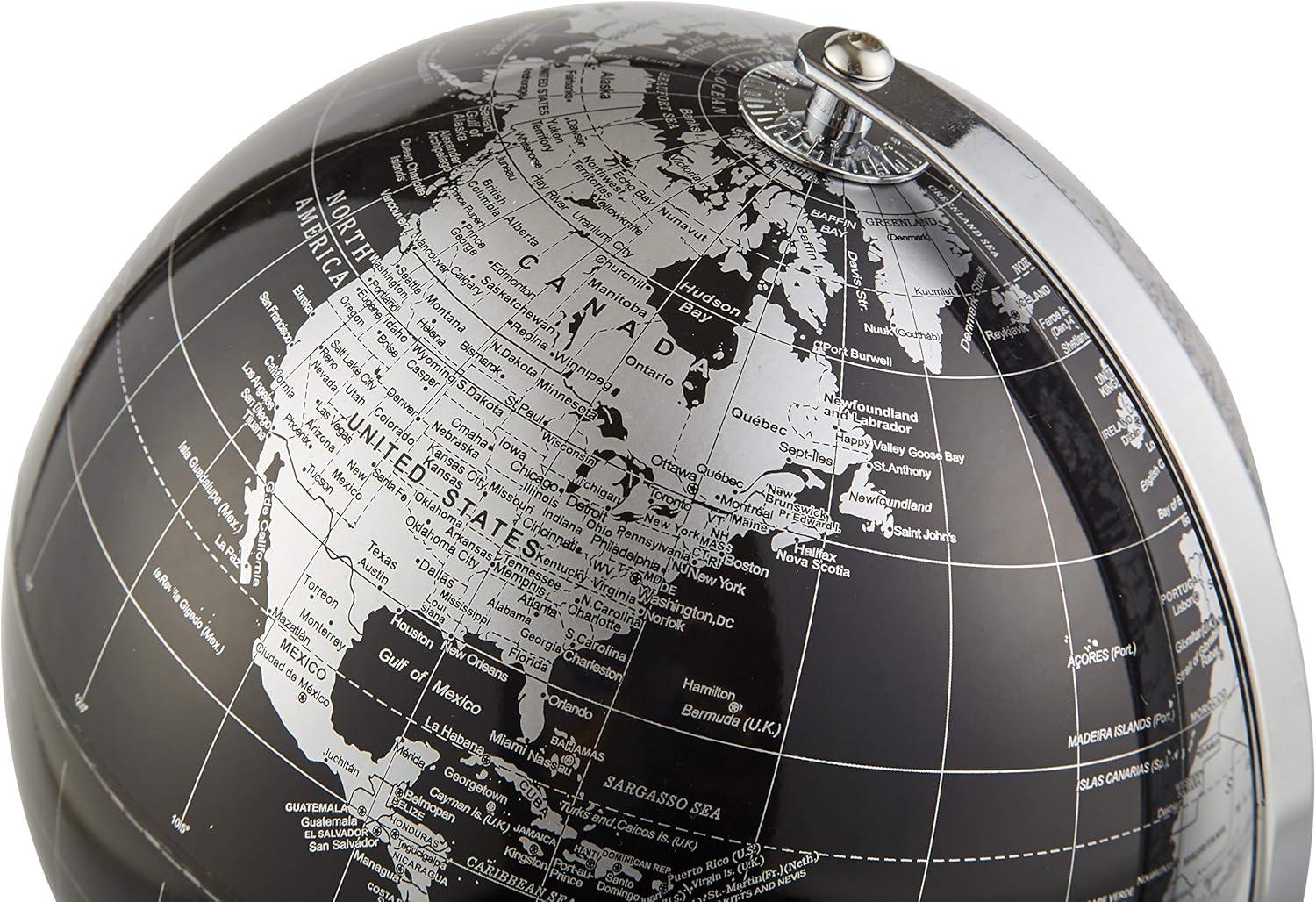ANNOVA Metallic World Globe Black – Educational/Geographic/Modern Desktop Decoration - Stainless Steel Arc and Base/Earth World - Metallic Black - for School, Home, and Office (8-Inch)