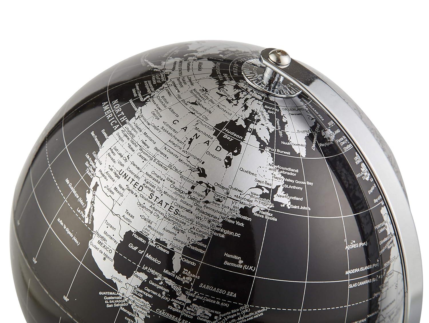 ANNOVA Metallic World Globe Black – Educational/Geographic/Modern Desktop Decoration - Stainless Steel Arc and Base/Earth World - Metallic Black - for School, Home, and Office (8-Inch)