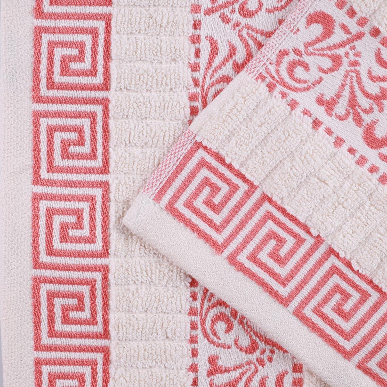 Superior Athens Cotton Greek Scroll Bath Towel Set of 4, Ivory-Coral