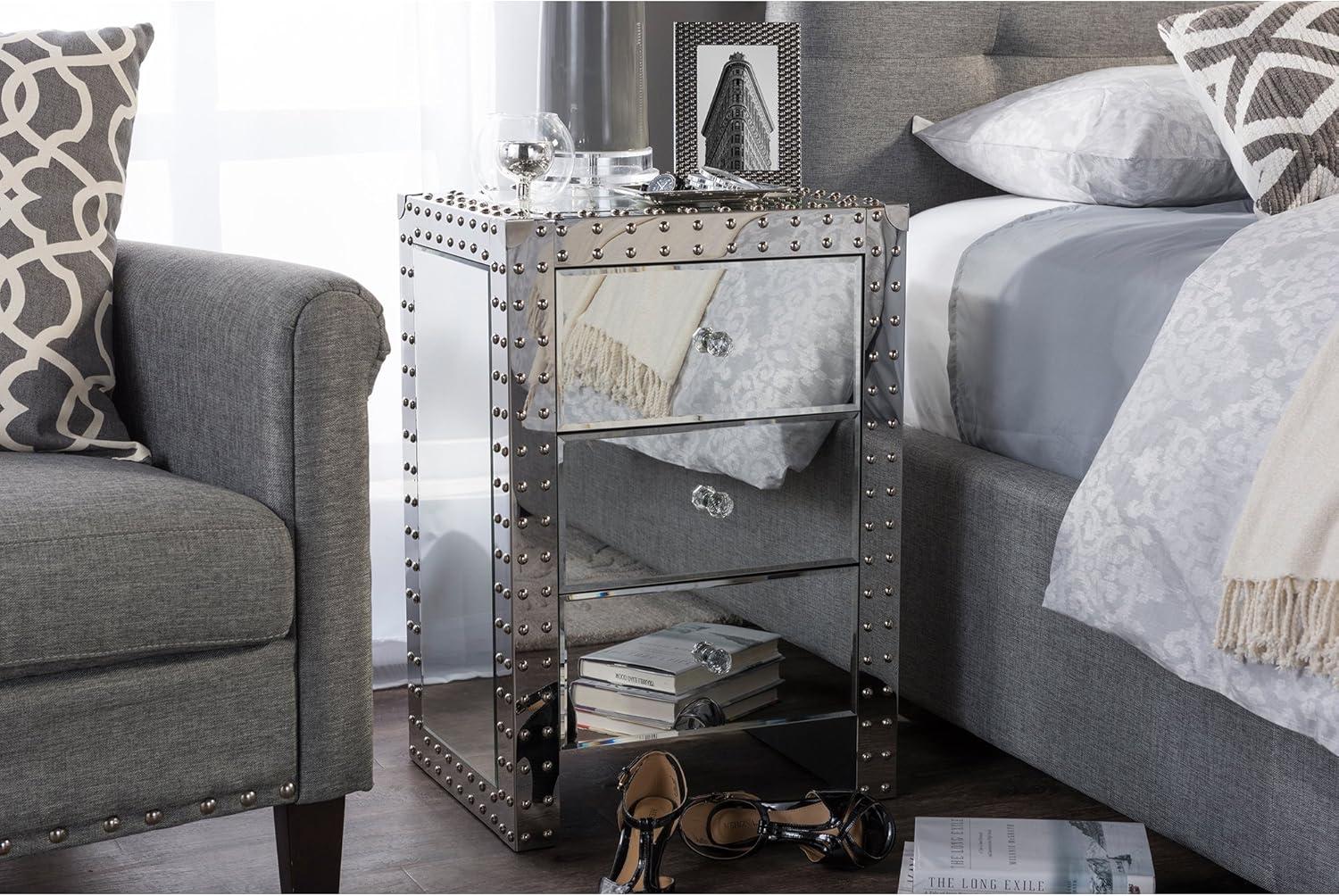 Azura Silver Mirrored 3-Drawer Nightstand with Nailhead Trim