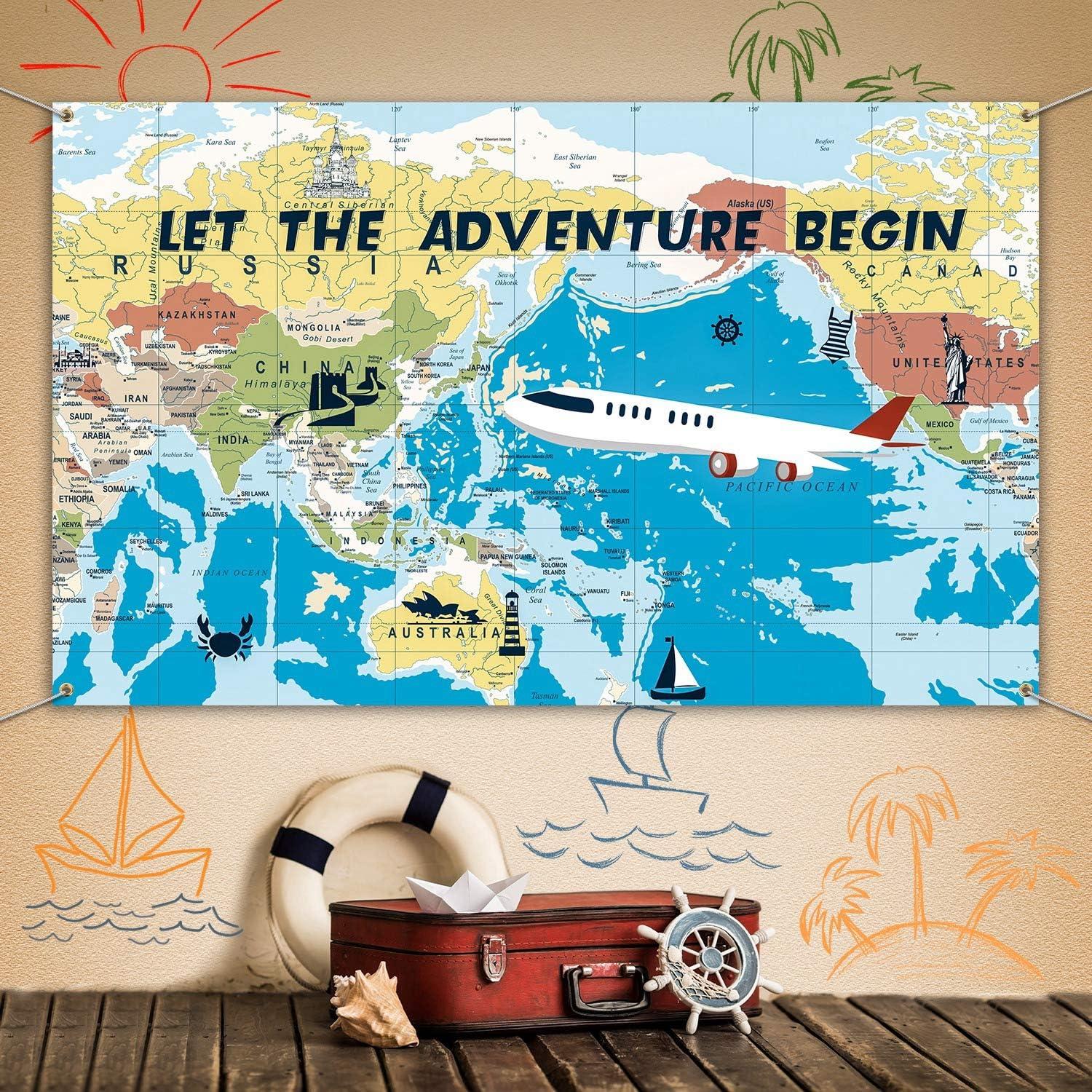 Adventure Awaits Backdrop Large Travel Theme Banner Decoration Let The Adventure Begin World Map Dessert Table