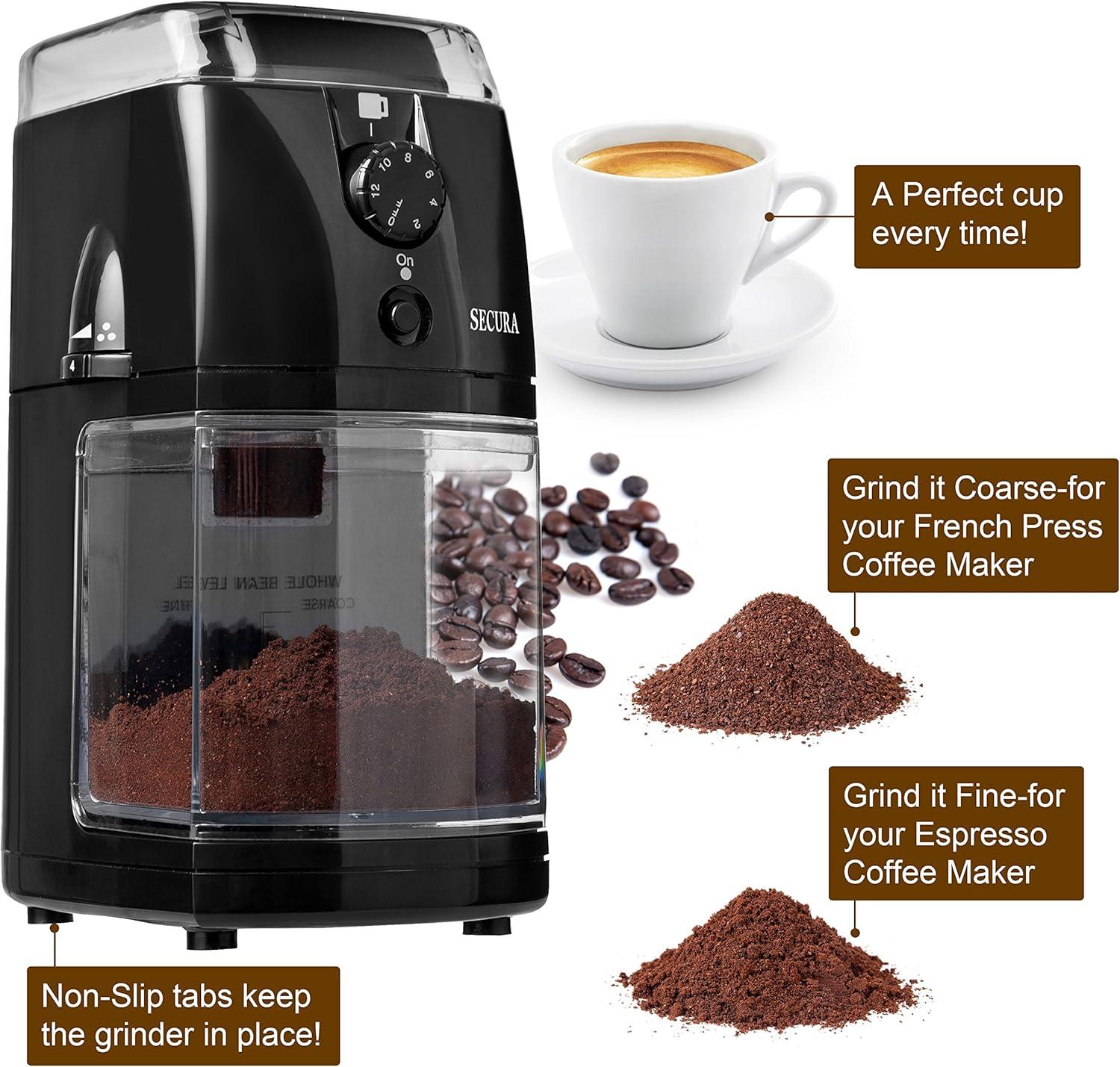 Secura Electric Burr Coffee Grinder Mill, Adjustable Cup Size, 17 Fine to Coarse Grind Size Settings for Drip, Percolator, French Press and Turkish Coffee Makers, Black