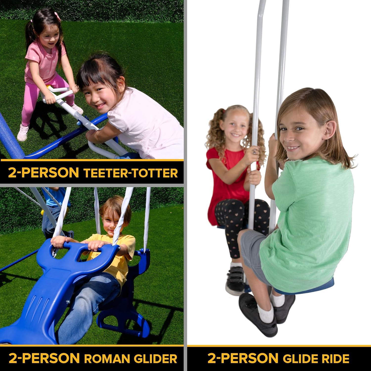 Sportspower Super 9 Metal Swing Set With Teeter Totter, 2 Person Glide Ride Swing,  Standing Swing, 2 Person Roman Glider Swing, Trapeze Bar, 1 Blow Molded Swing And 5' Slide With Lifetime Warranty, Bonus 4pc Anchor Kit Included