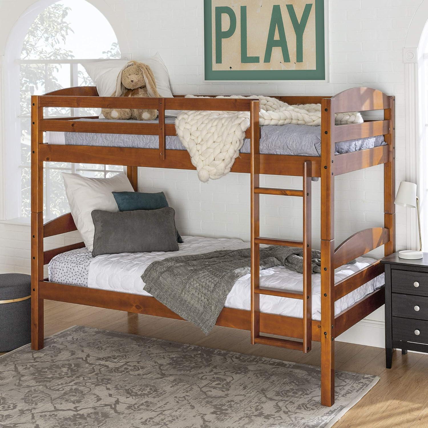 Walker Edison Transitional Twin-over-Twin Solid Wood Bunk Bed Frame in Cherry