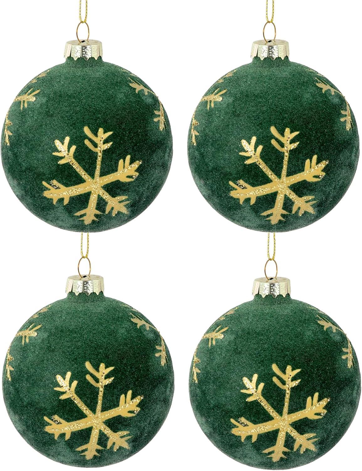 Green Velvet Glass Christmas Ball Ornaments with Gold Snowflakes, Set of 4